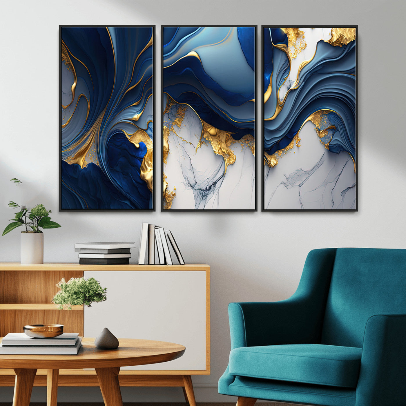 Blue Marble Wall Art Canvas Print – Framed Gold Veins