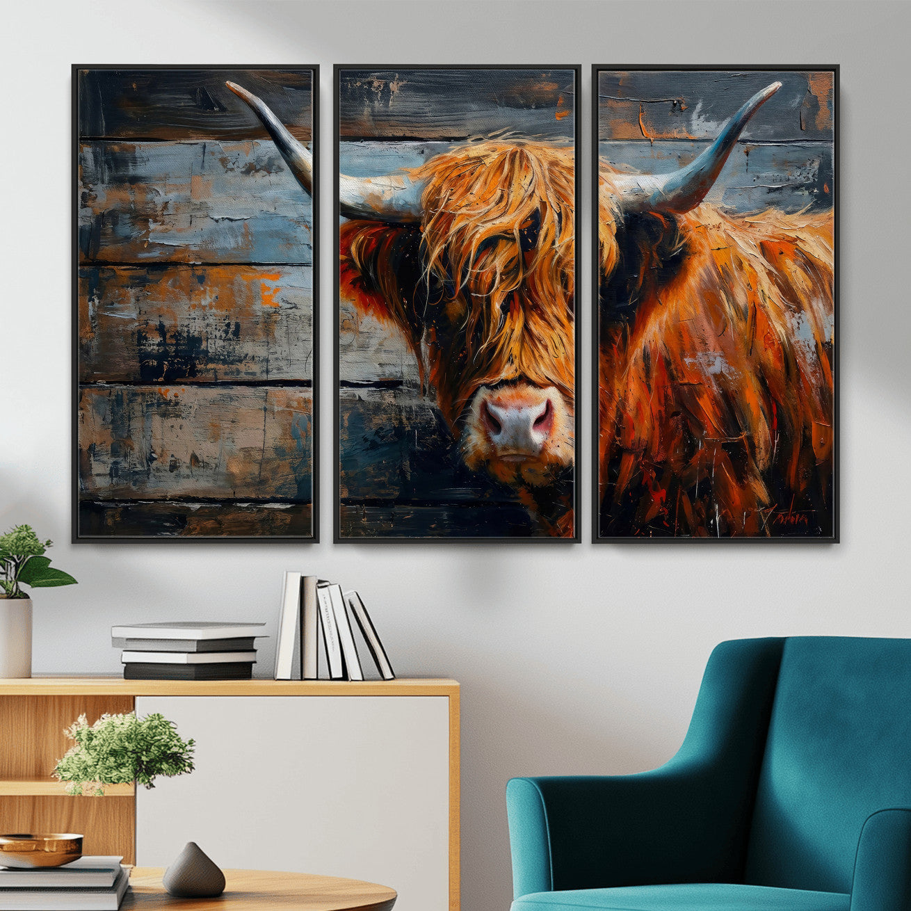 Highland Cow Wall Art Canvas Print, Abstract Rustic Farm