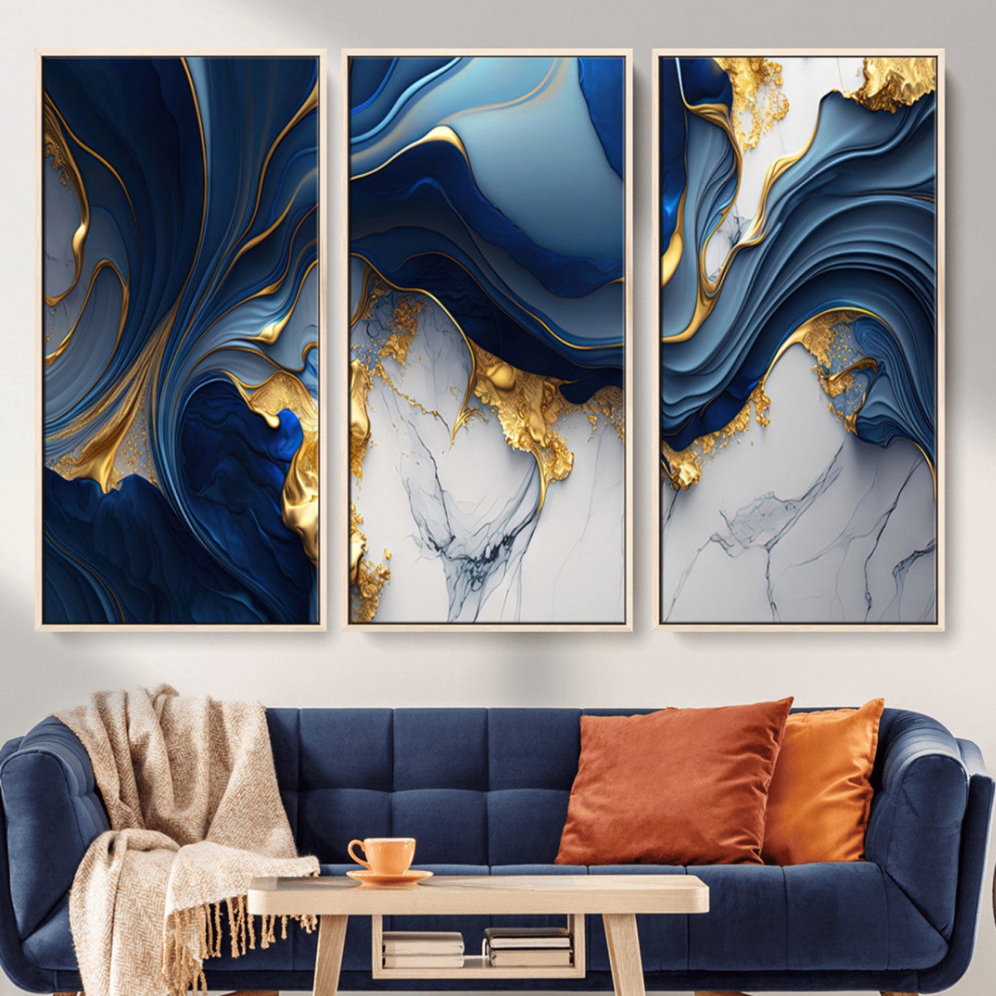 Blue Marble Wall Art Canvas Print – Framed Gold Veins