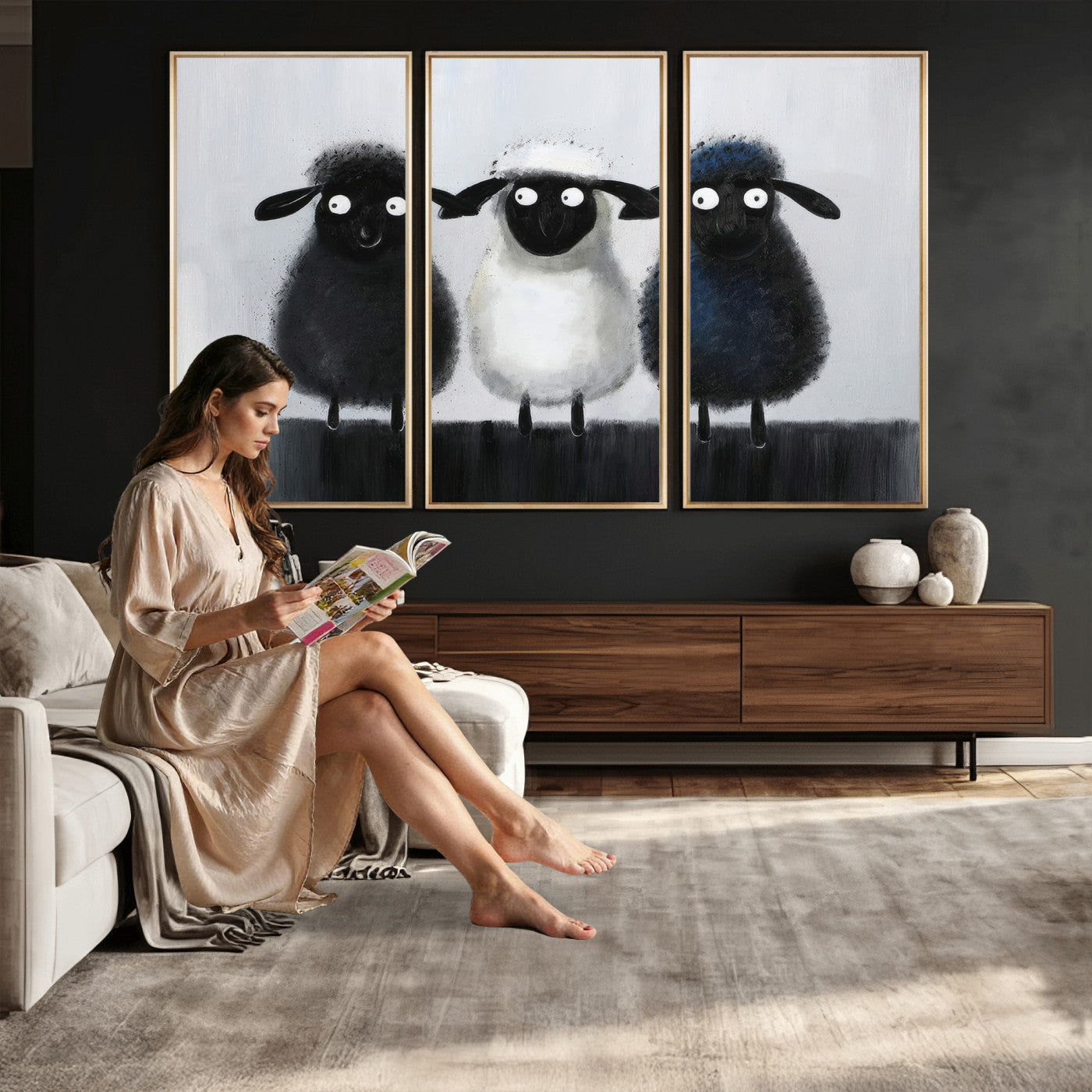 Funny Sheep Canvas Wall Art, Three Quirky Sheep Painting Print, Cute Animal Nursery Decor, Black White Navy Farmhouse Art, Kids Room Gift