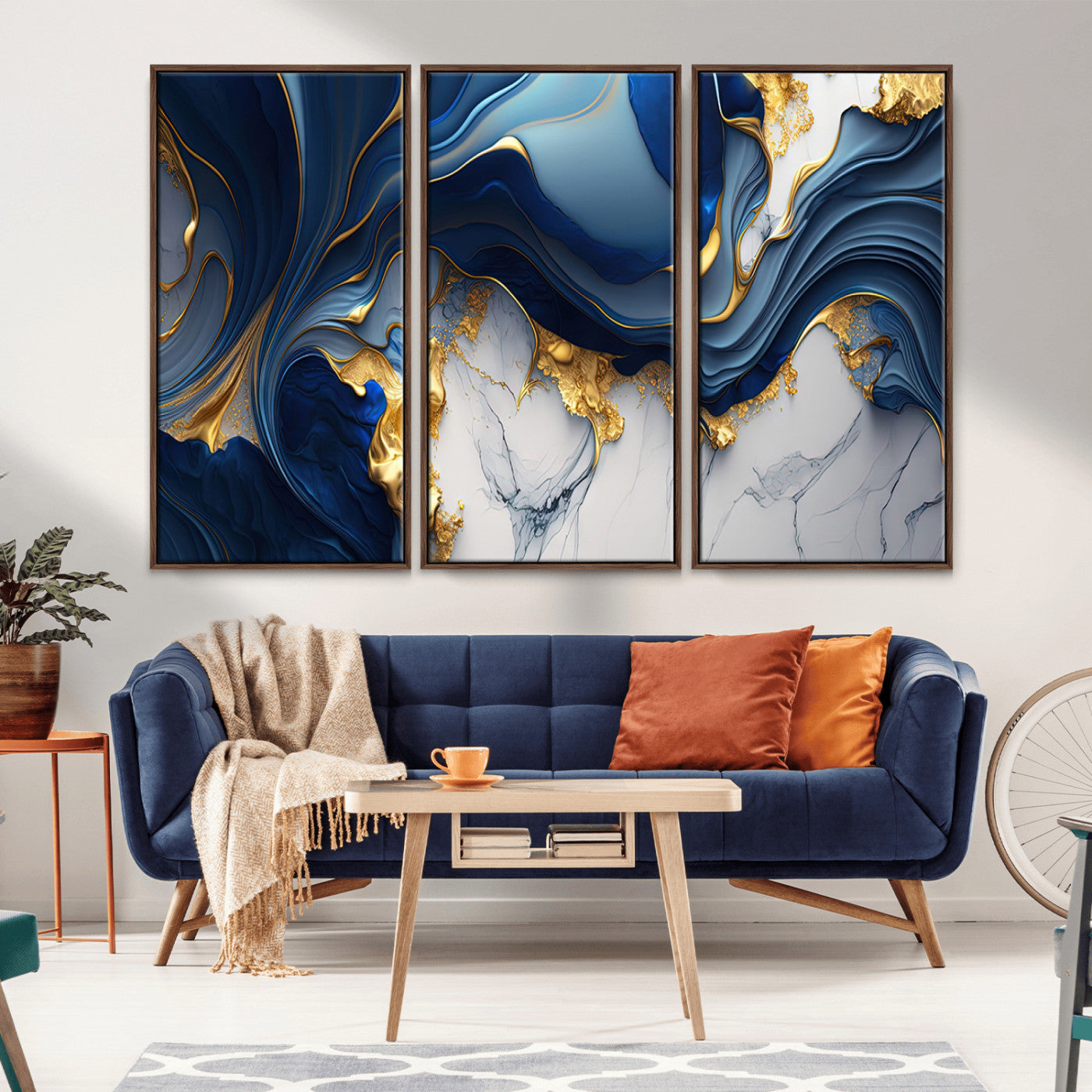 Blue Marble Wall Art Canvas Print – Framed Gold Veins