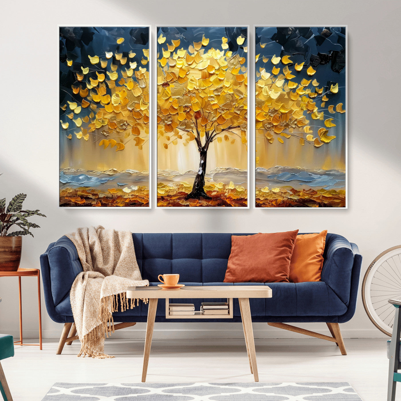Golden Tree Wall Art – Framed Autumn Leaves Canvas Artwork,