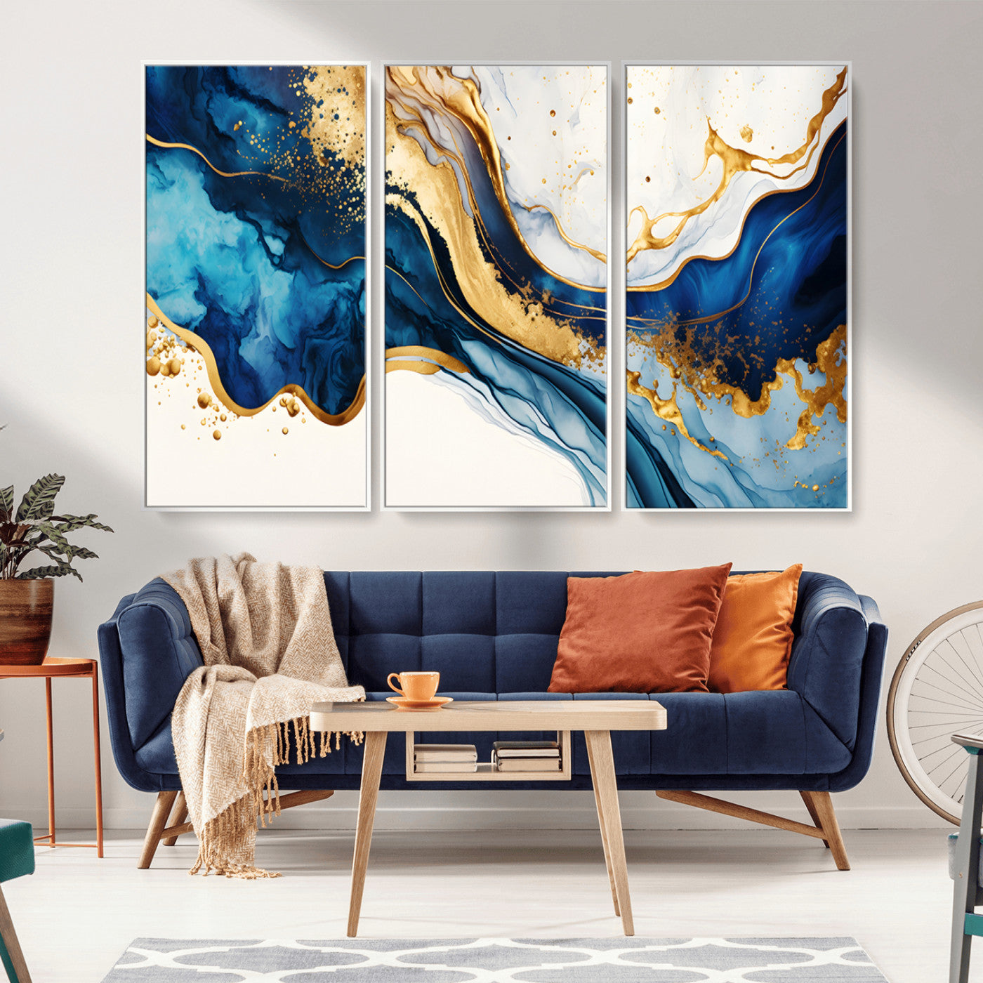 Blue Gold Flow Wall Art Canvas Print – Framed Marble Design