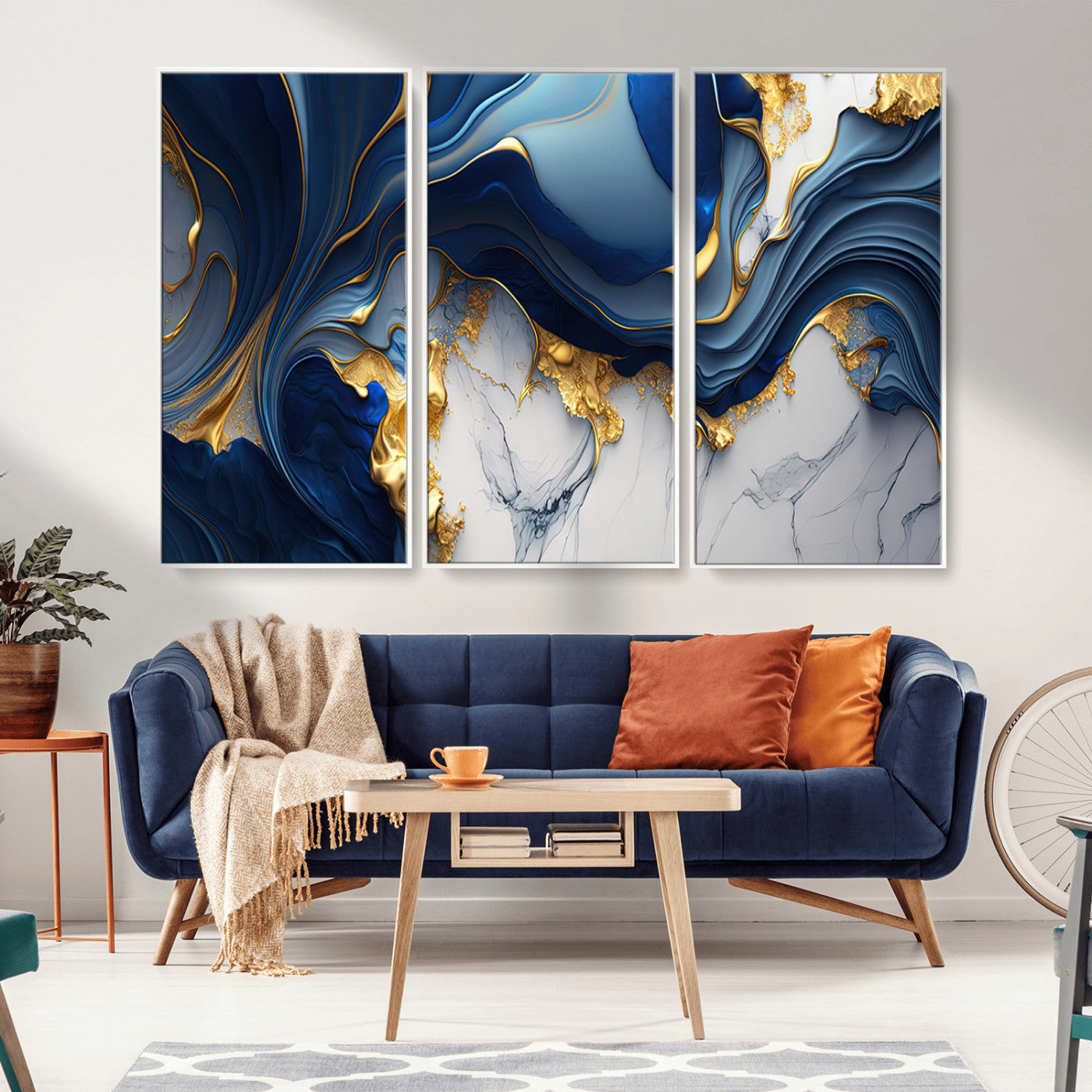 Blue Marble Wall Art Canvas Print – Framed Gold Veins