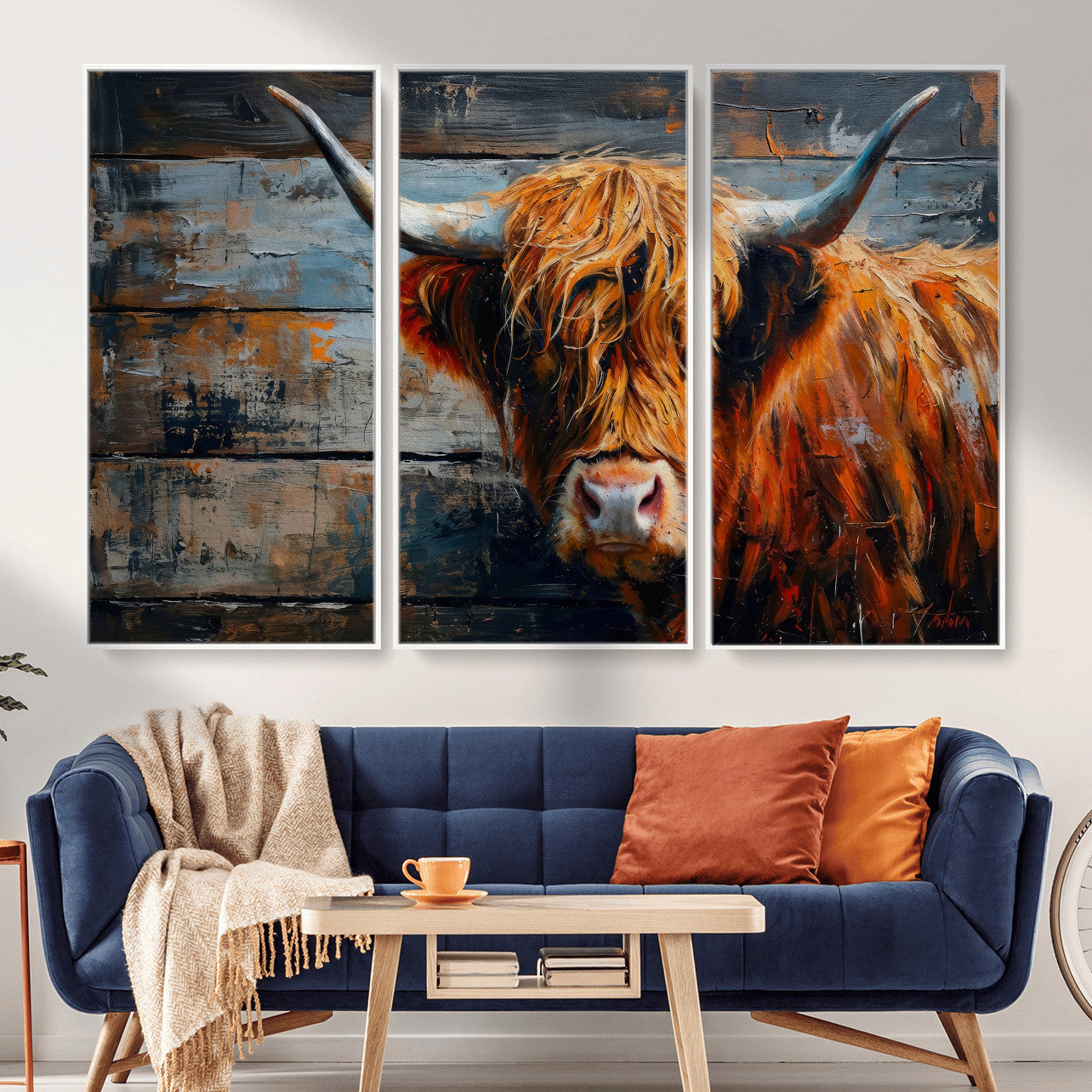 Highland Cow Wall Art Canvas Print, Abstract Rustic Farm