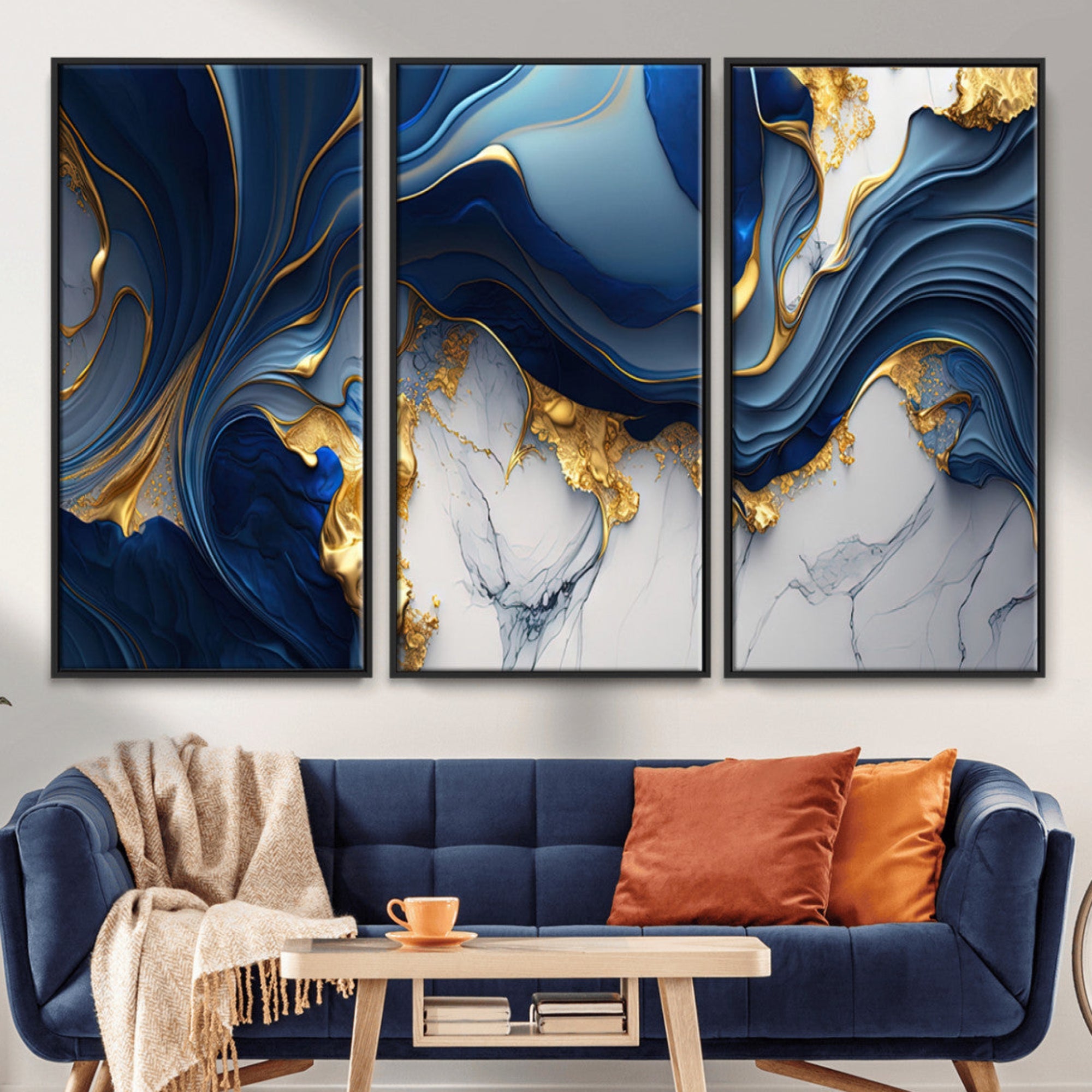 Blue Marble Wall Art Canvas Print – Framed Gold Veins