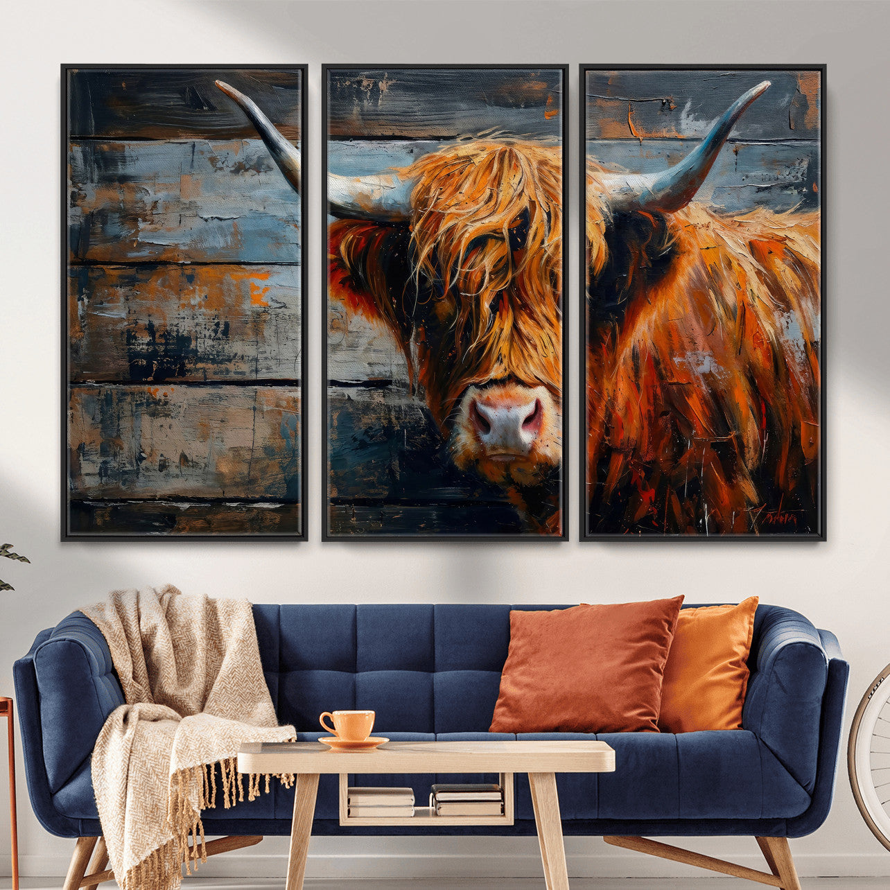 Highland Cow Wall Art Canvas Print, Abstract Rustic Farm