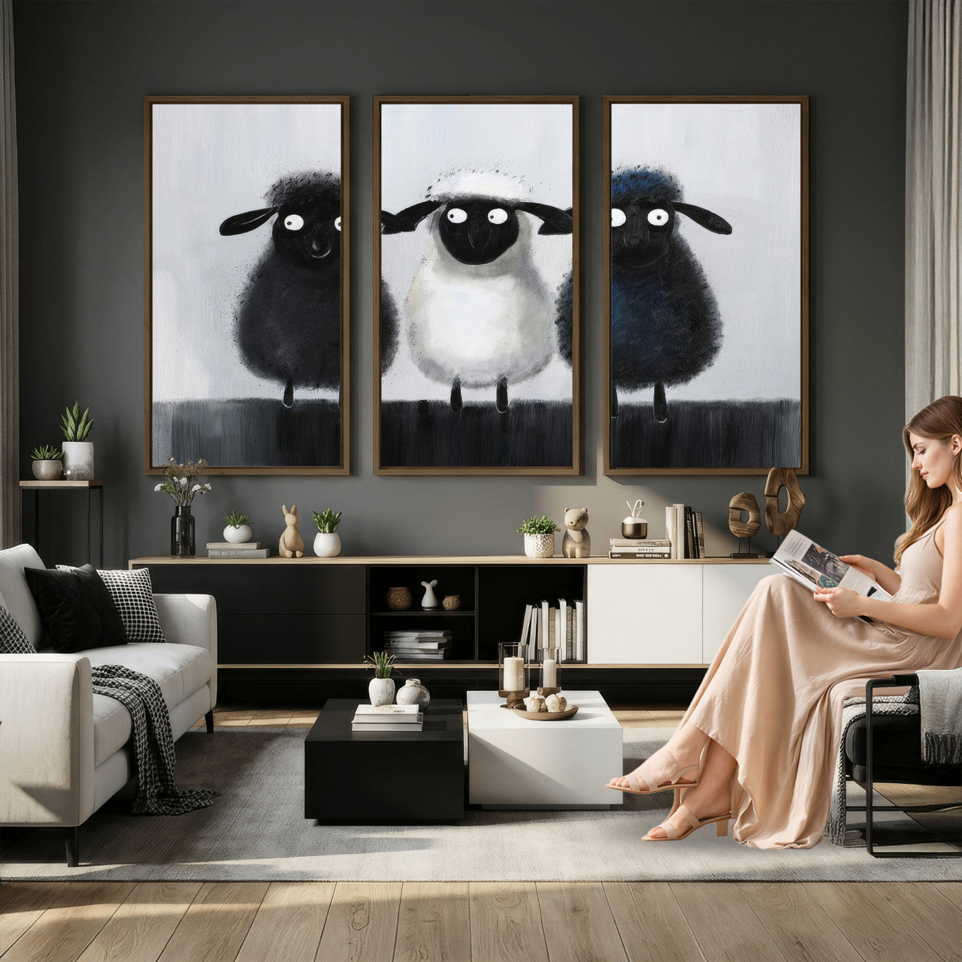 Funny Sheep Canvas Wall Art, Three Quirky Sheep Painting Print, Cute Animal Nursery Decor, Black White Navy Farmhouse Art, Kids Room Gift