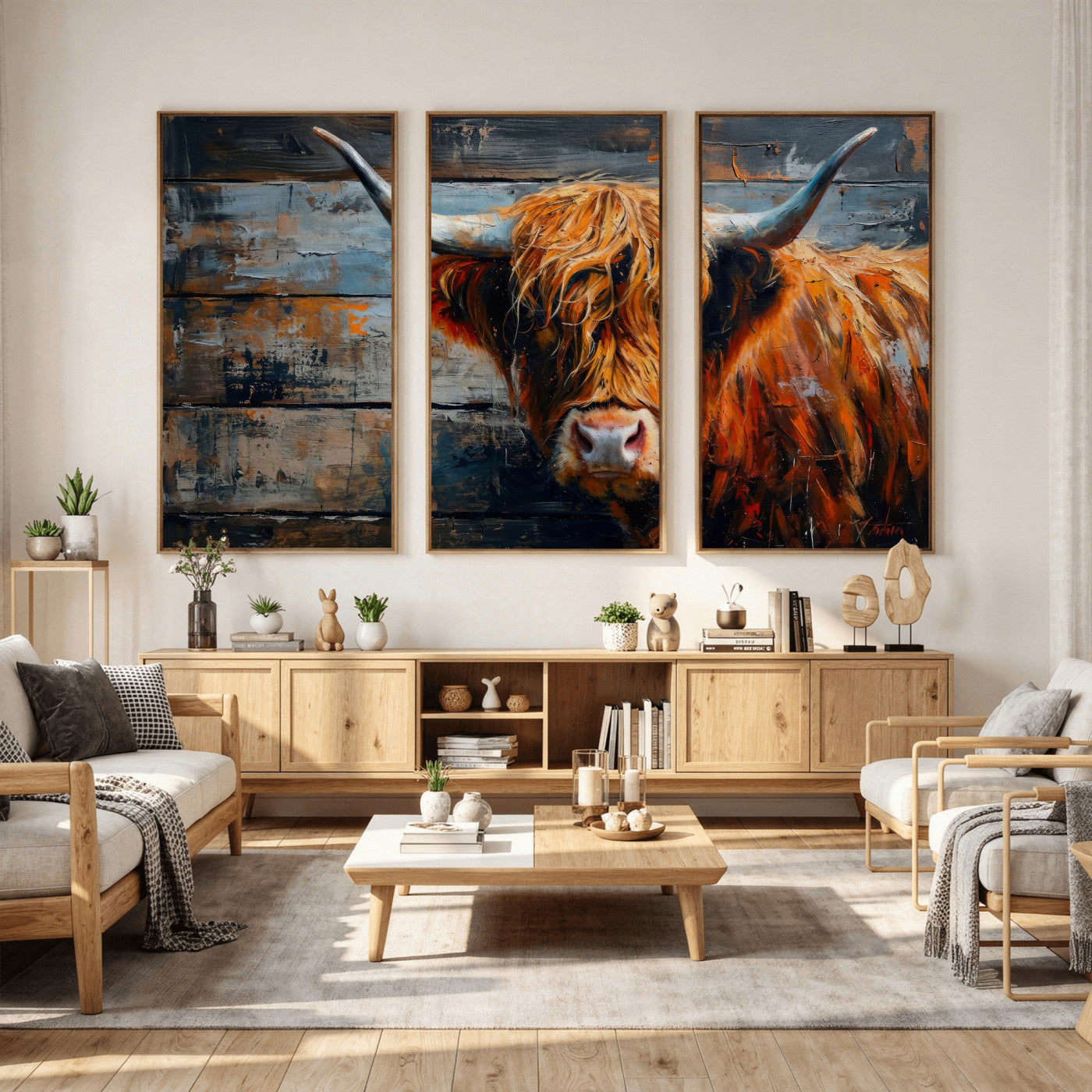 Highland Cow Wall Art Canvas Print, Abstract Rustic Farm