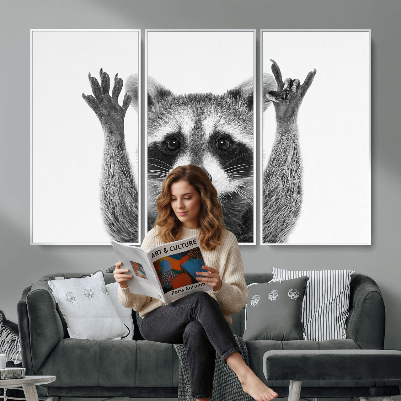 Funny Raccoon Canvas Wall Art, Black White Hands Up Animal Photo Print, Humorous Wildlife Decor, Kids Room Nursery Art, Quirky Animal Gift