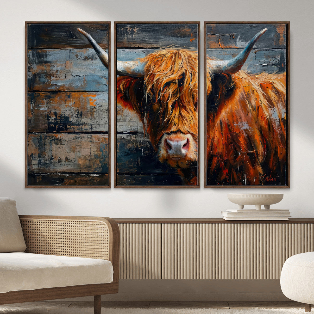 Highland Cow Wall Art Canvas Print, Abstract Rustic Farm