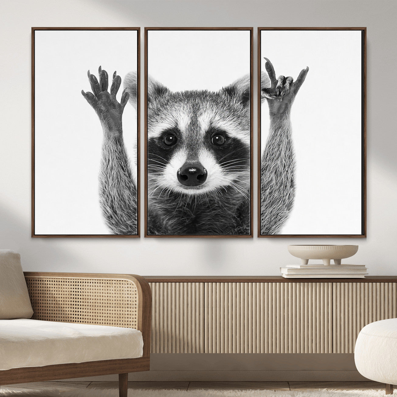 Funny Raccoon Canvas Wall Art, Black White Hands Up Animal Photo Print, Humorous Wildlife Decor, Kids Room Nursery Art, Quirky Animal Gift