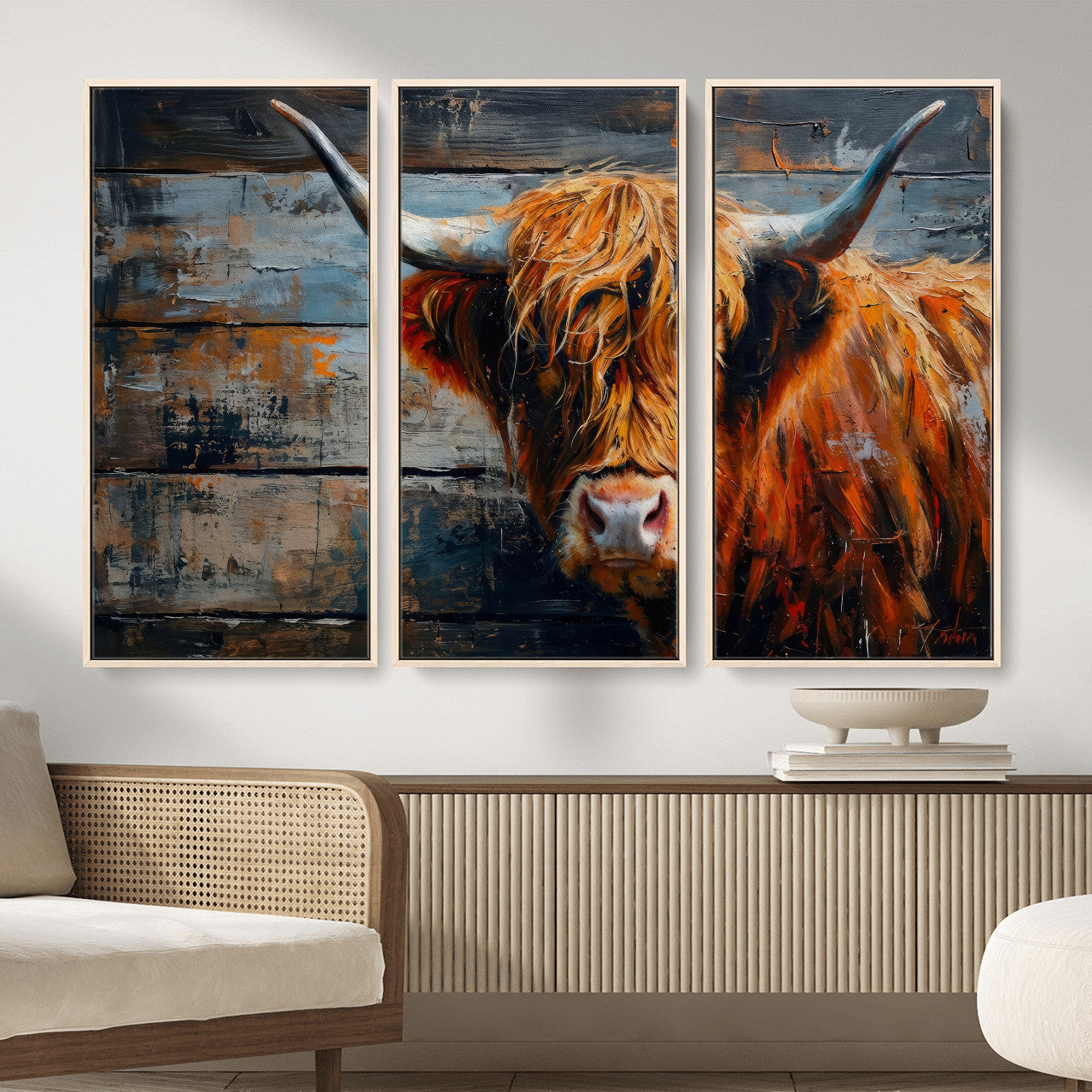 Highland Cow Wall Art Canvas Print, Abstract Rustic Farm