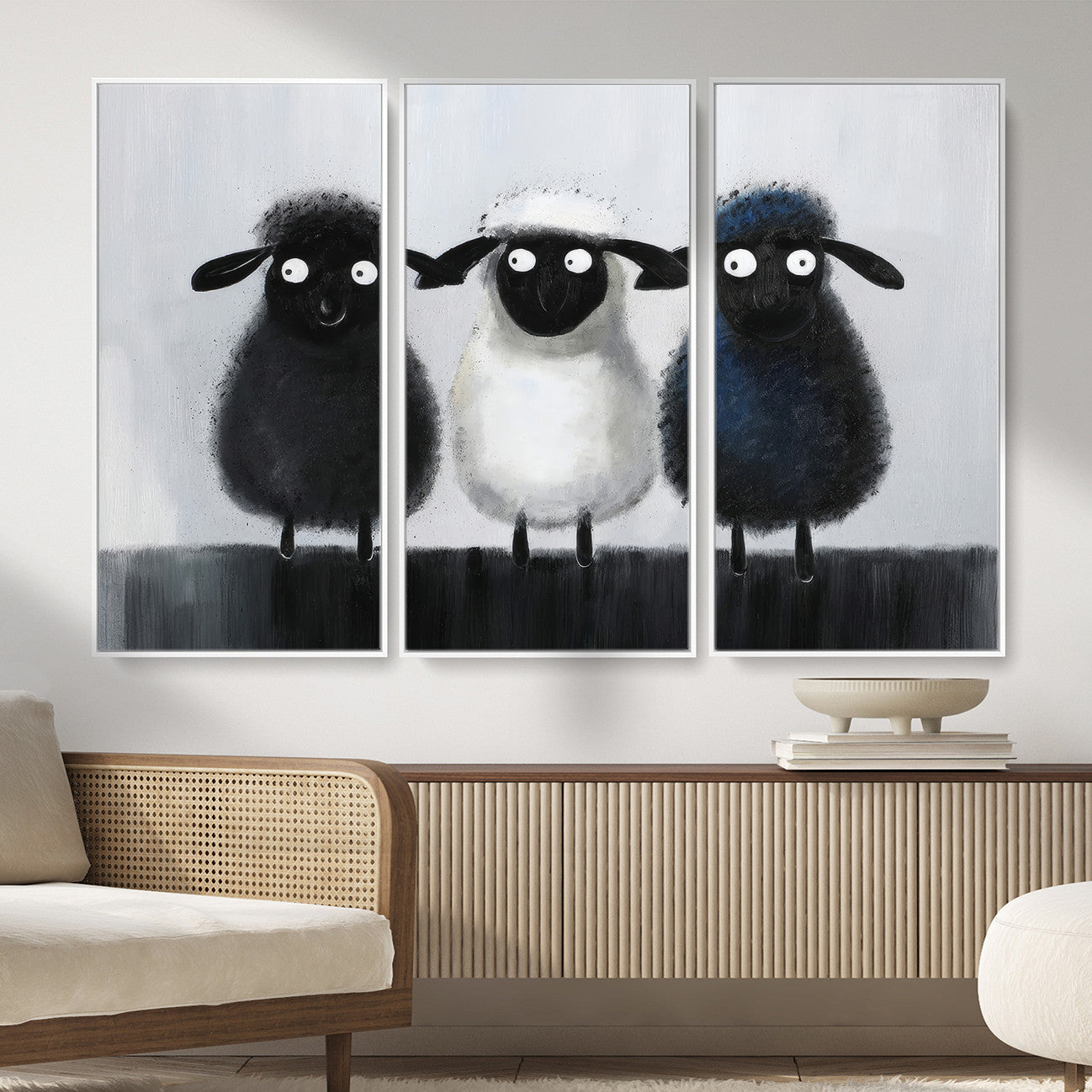 Funny Sheep Canvas Wall Art, Three Quirky Sheep Painting Print, Cute Animal Nursery Decor, Black White Navy Farmhouse Art, Kids Room Gift