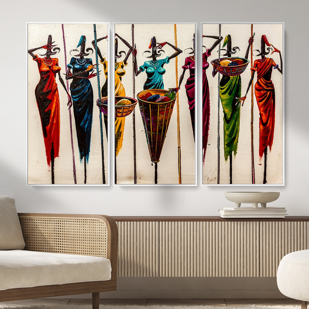 African Folk Art Canvas Wall Art, Colorful African Women Village Painting Print, Tribal Ethnic Home Decor, Vibrant African Art, Living Room