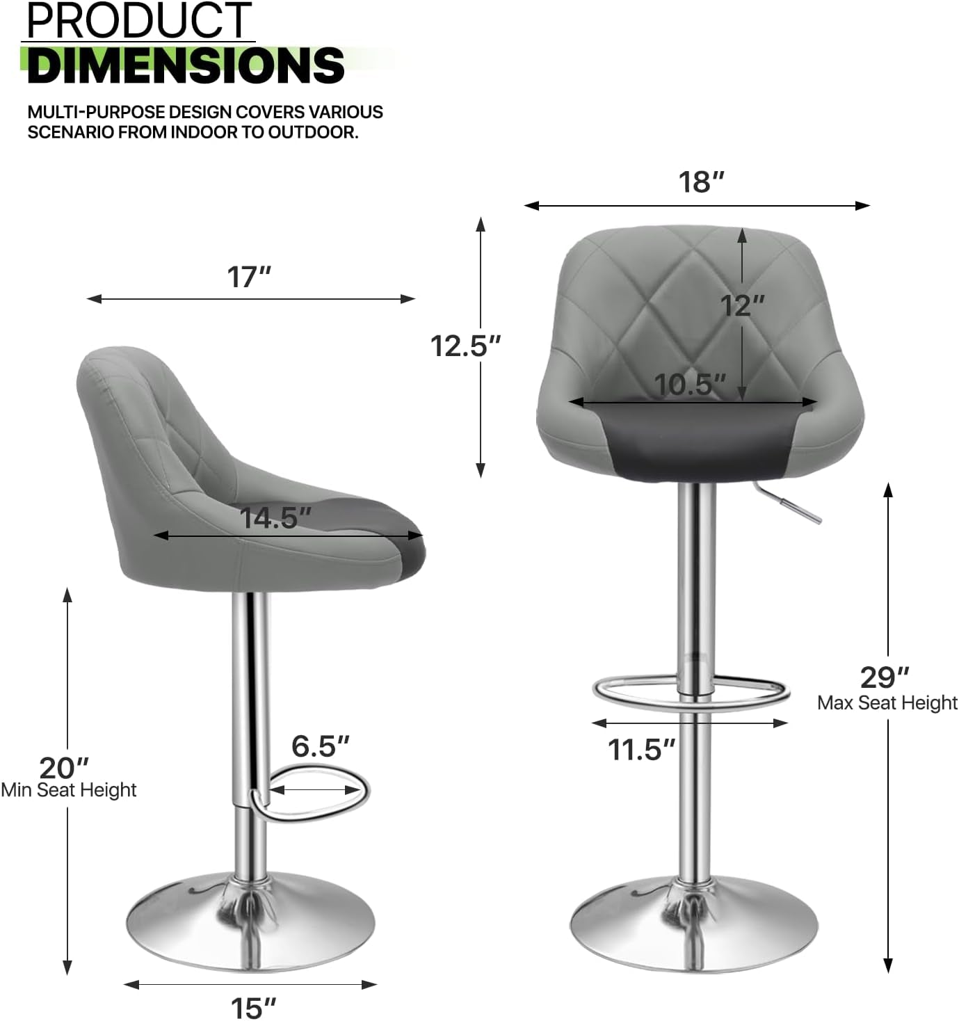 Height Adjustable Grey PU Leather Bar Stools Set Of 2