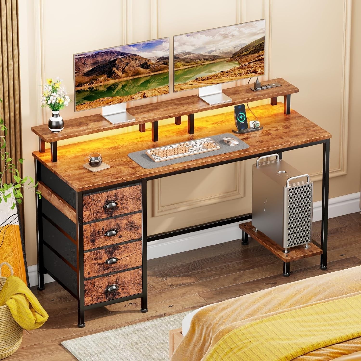 47 Inch Gaming Desk with LED Lights and Drawers