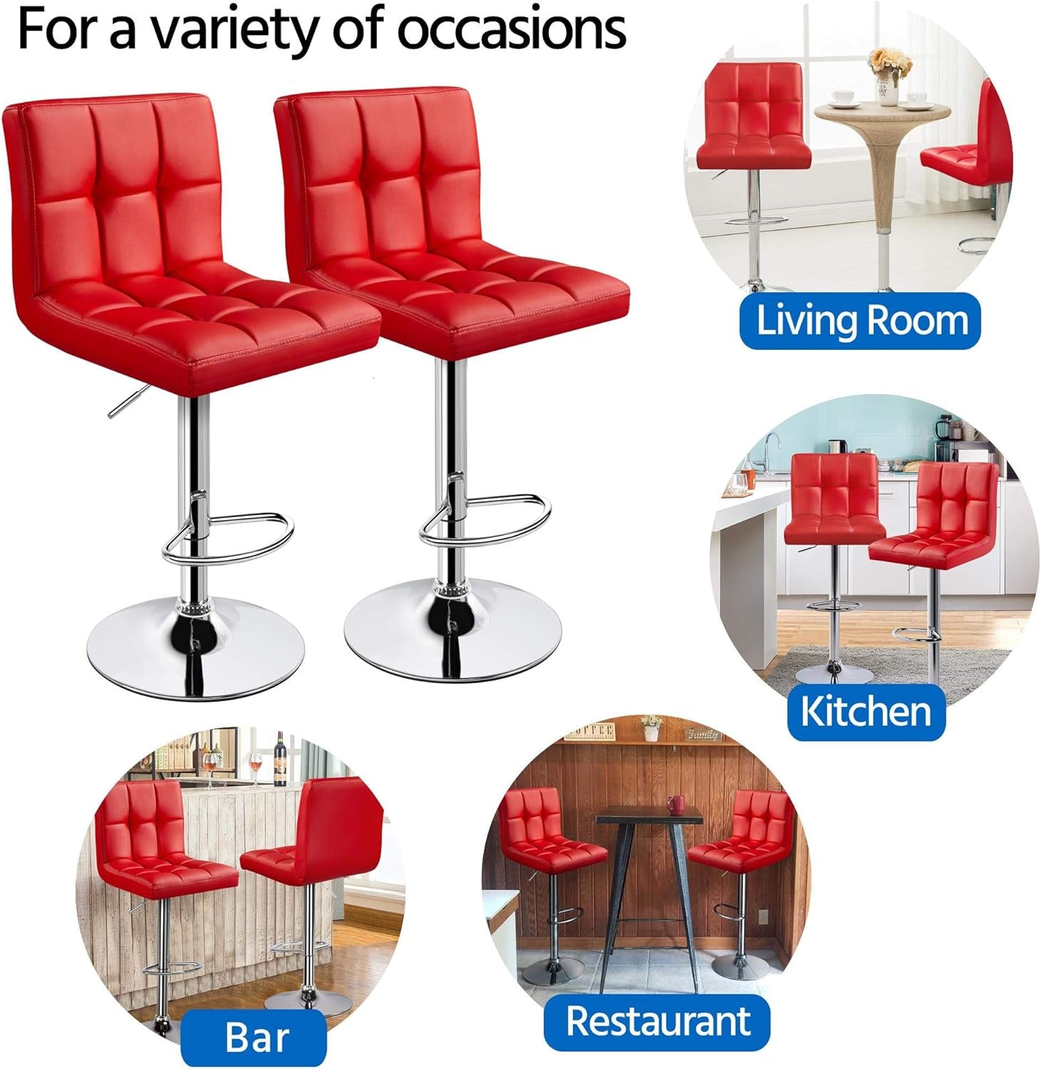 Red Adjustable PU Leather Swivel Bar Stools Set Of 2