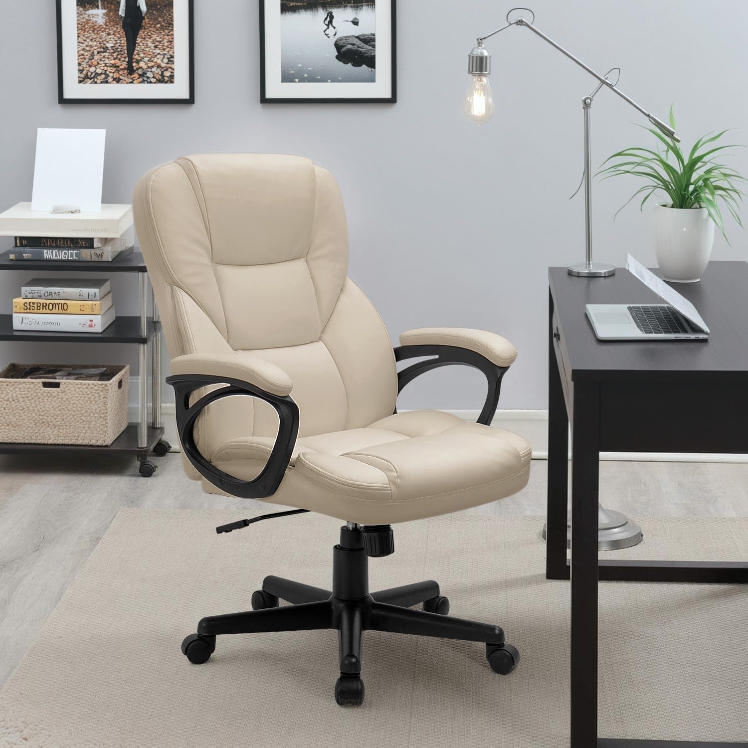 Beige High Back Office Chair With Adjustable Height And Lumbar Support