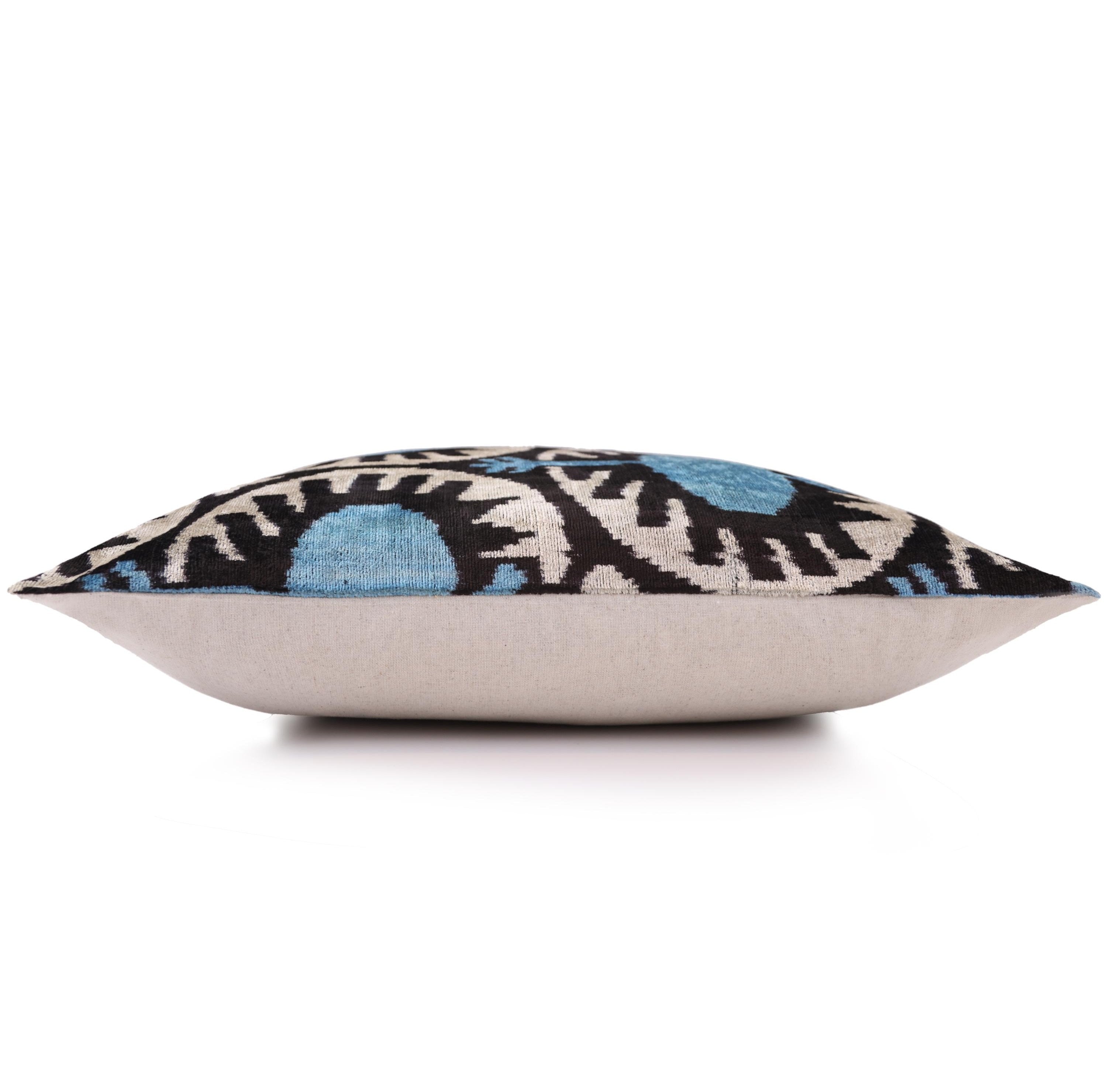 Blue Black Geometric Silk Velvet Pillow – 20x20 Handmade Ikat Throw Cushion
