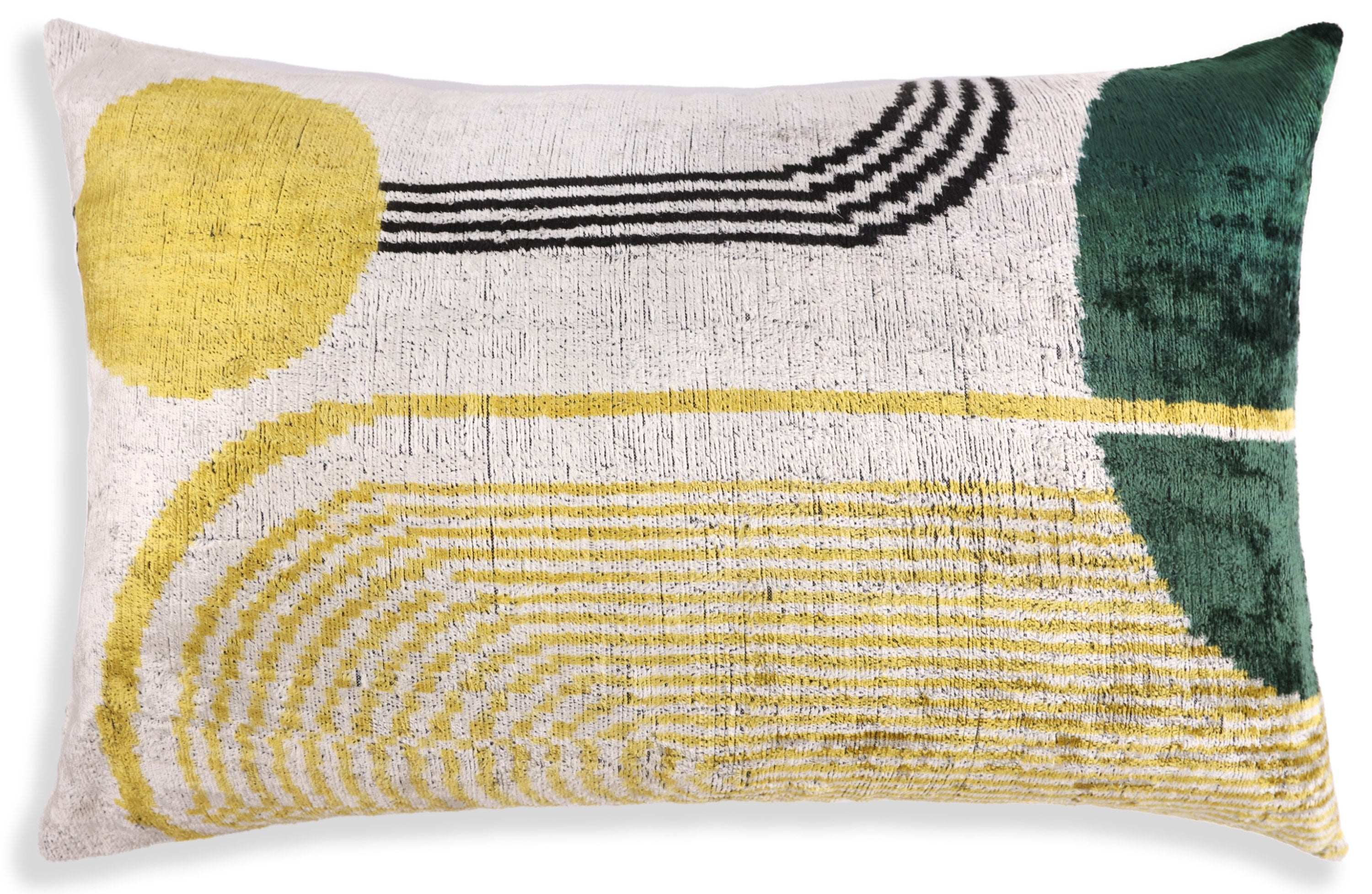Luxury Silk Velvet Pillow 16x24 – Handmade Modern Geometric Lumbar Cushion in Yellow & Green-0