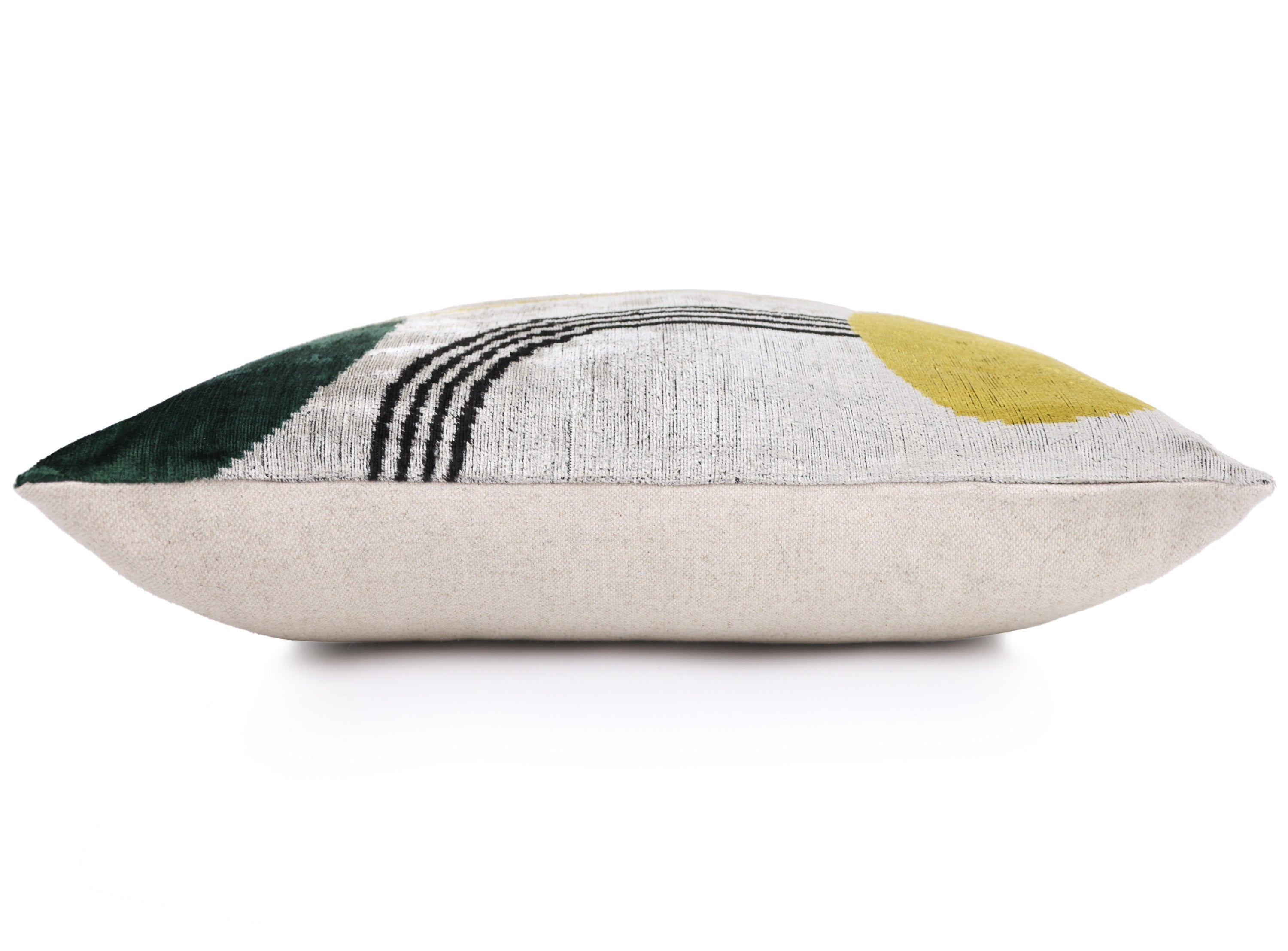 Luxury Silk Velvet Pillow 16x24 – Handmade Modern Geometric Lumbar Cushion in Yellow & Green-2