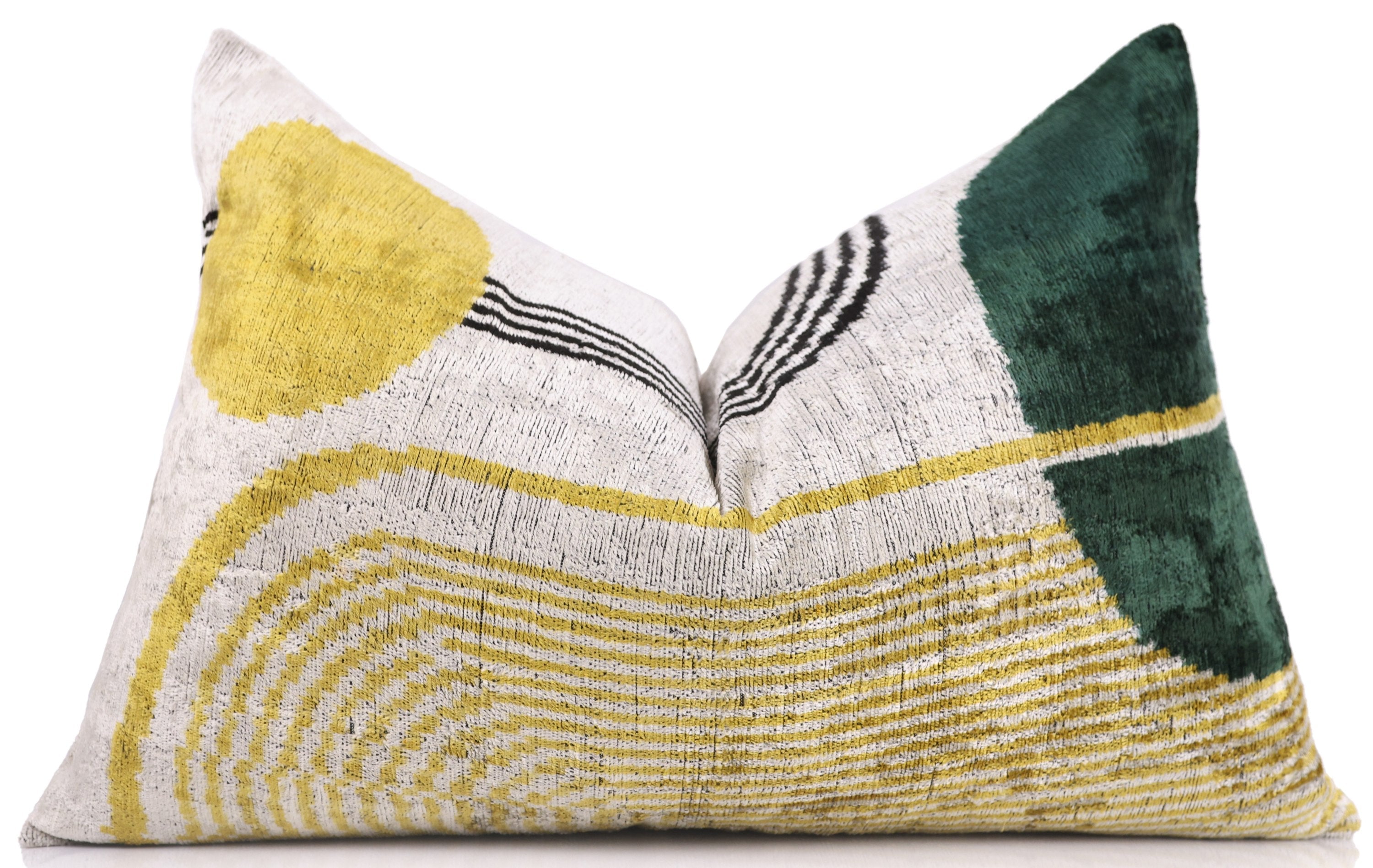 Luxury Silk Velvet Pillow 16x24 – Handmade Modern Geometric Lumbar Cushion in Yellow & Green-4