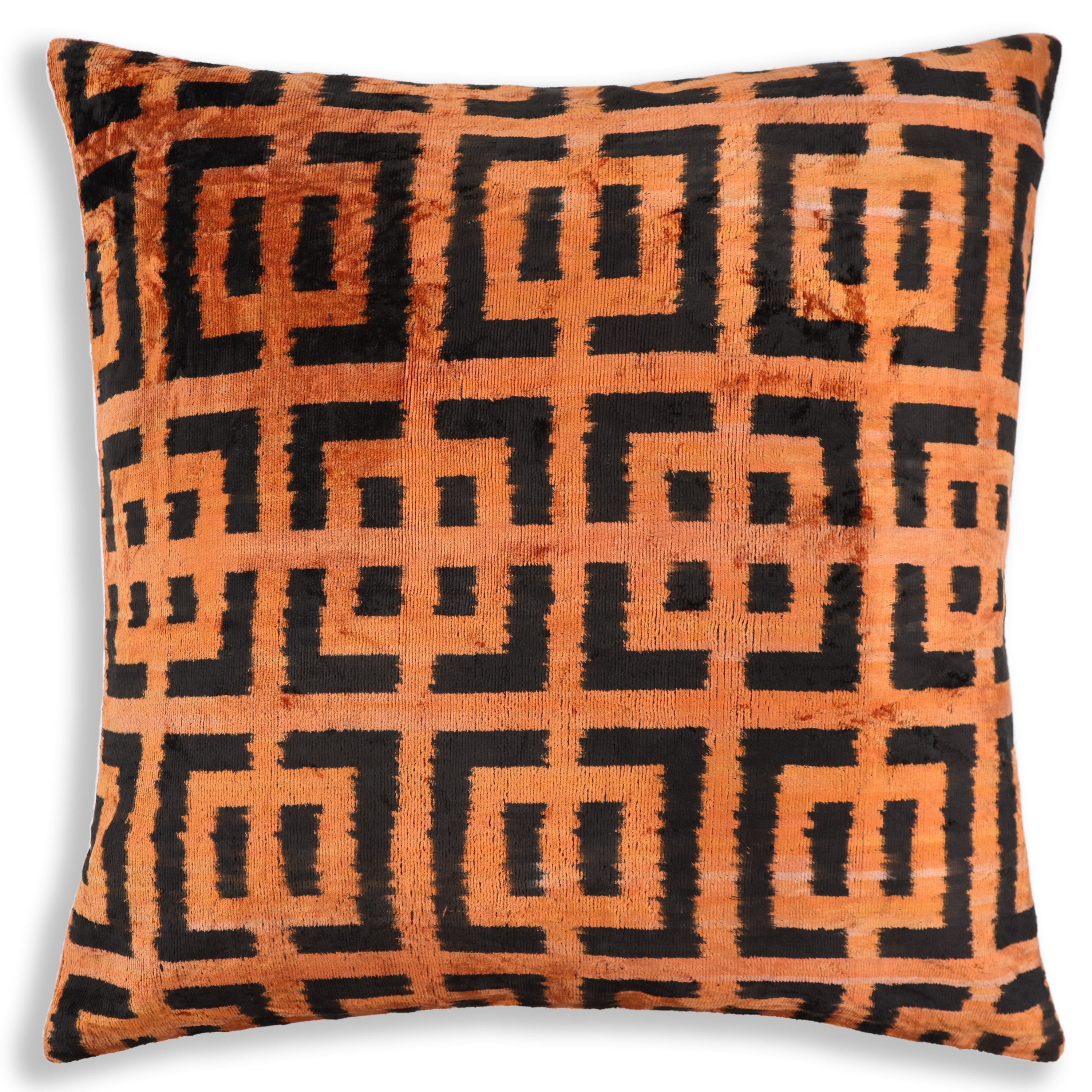 Burnt Orange Geometric Silk Velvet Pillow – 16x16 Handmade Luxury Cushion