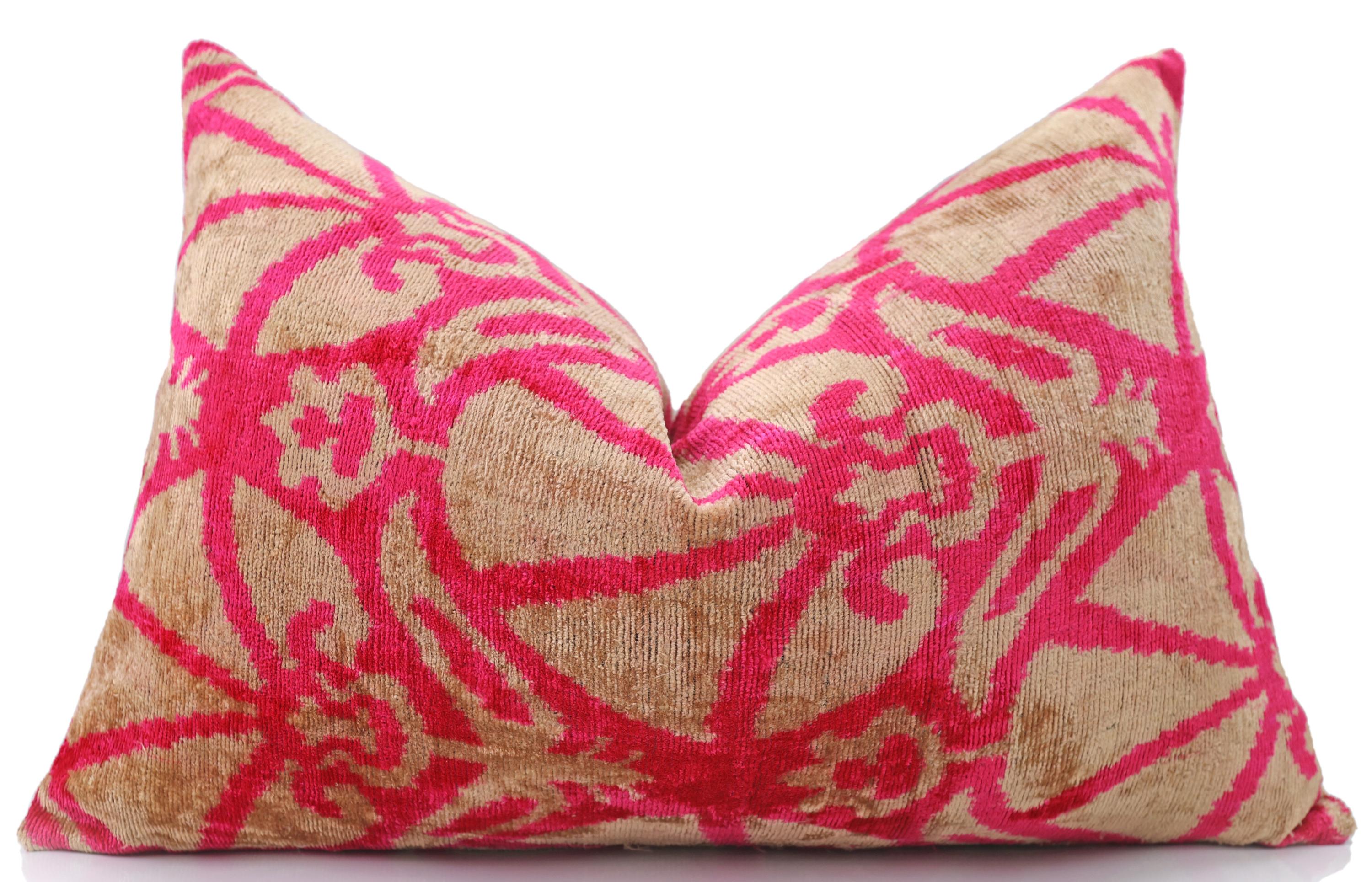 Fuchsia Beige Silk Velvet Lumbar Pillow – 16x24 Handmade Ikat Luxury Cushion