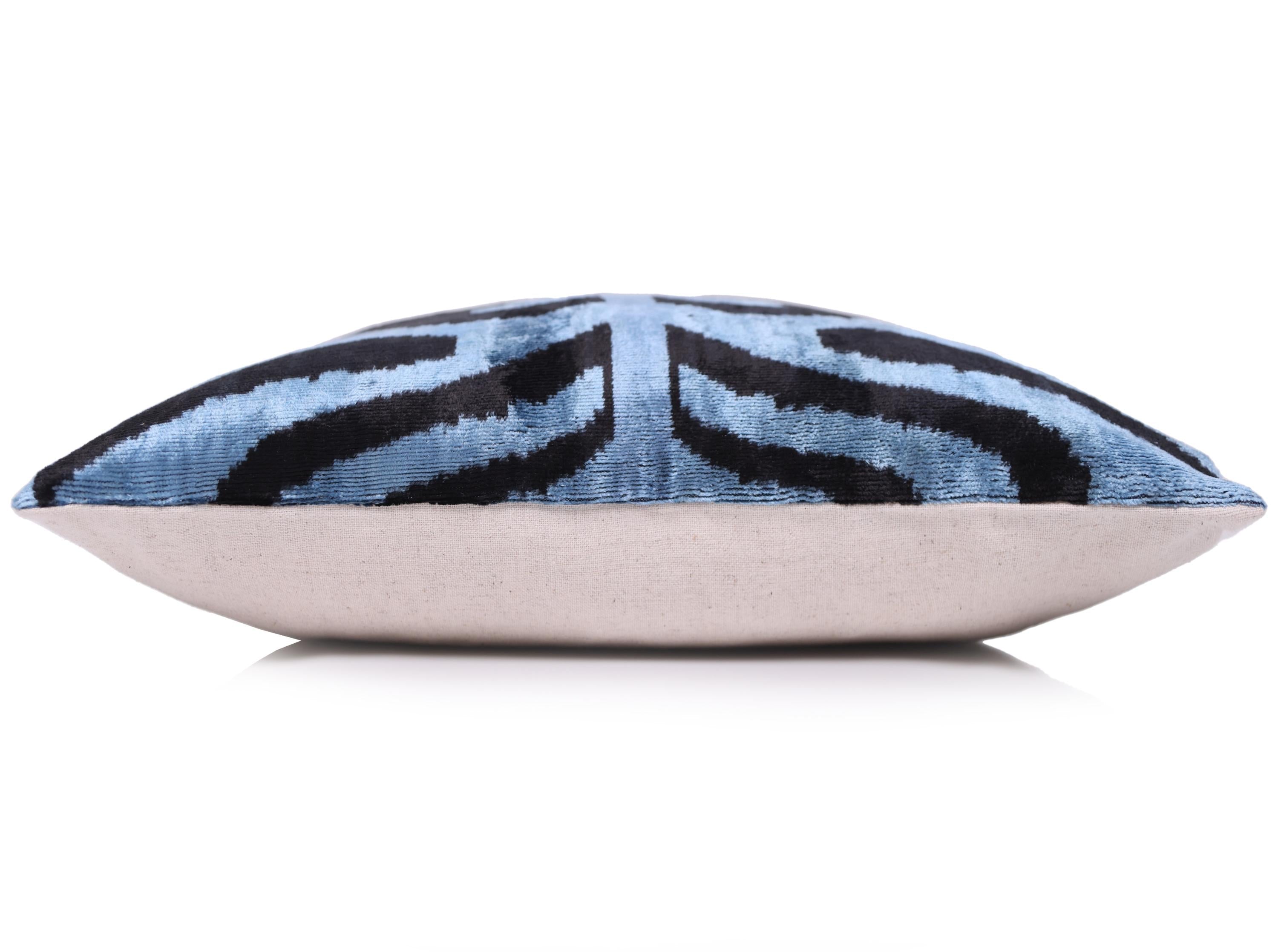 Blue Black Zebra Silk Velvet Pillow – 16x16 Handmade Ikat Cushion