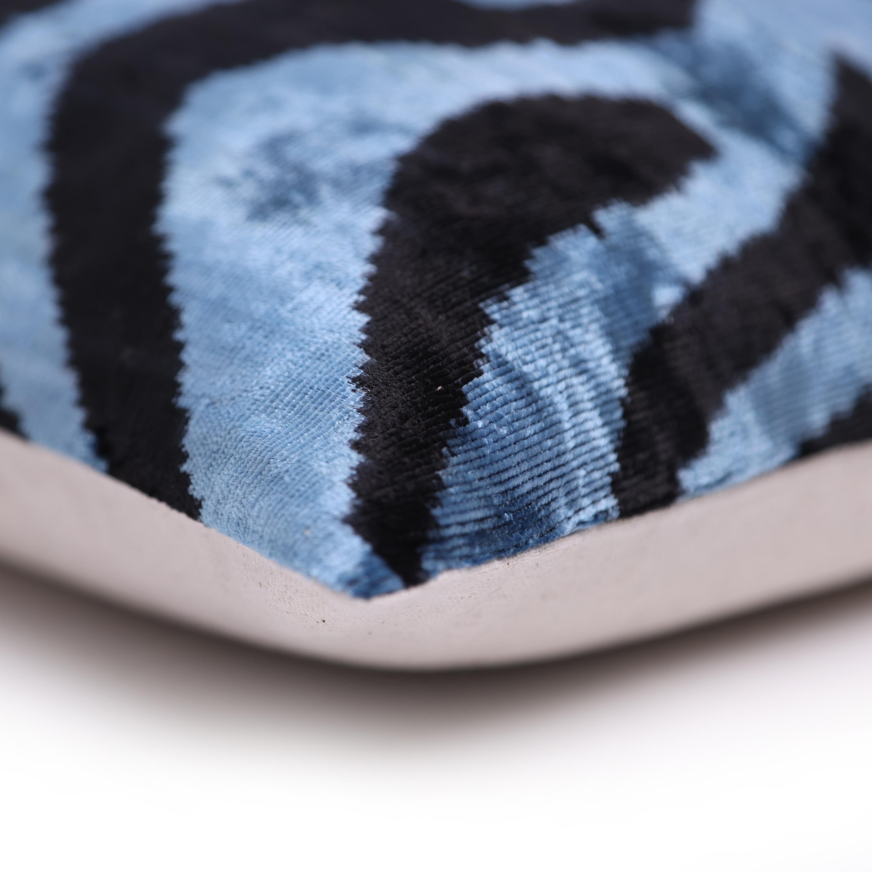 Blue Black Zebra Silk Velvet Pillow – 16x16 Handmade Ikat Cushion