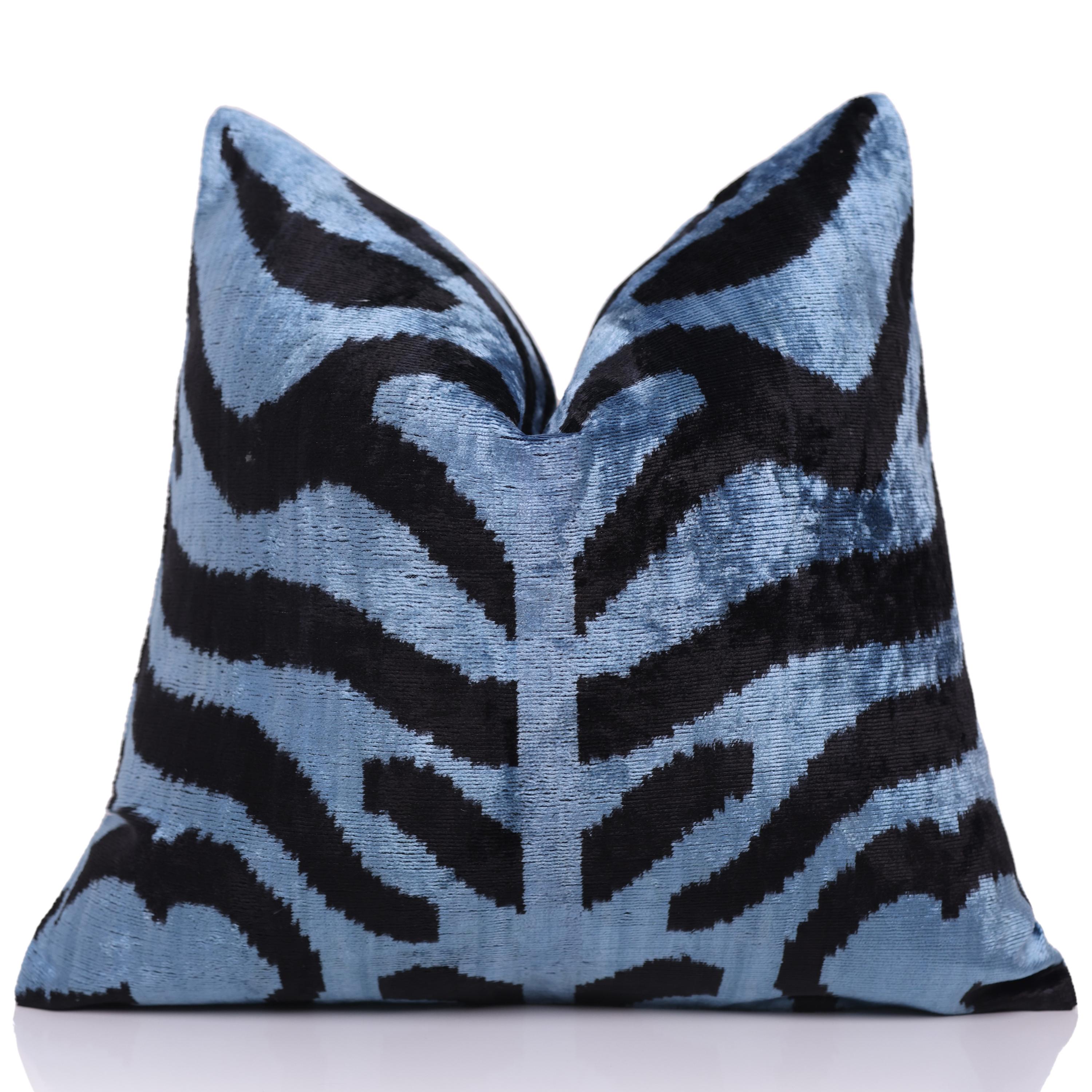 Blue Black Zebra Silk Velvet Pillow – 16x16 Handmade Ikat Cushion