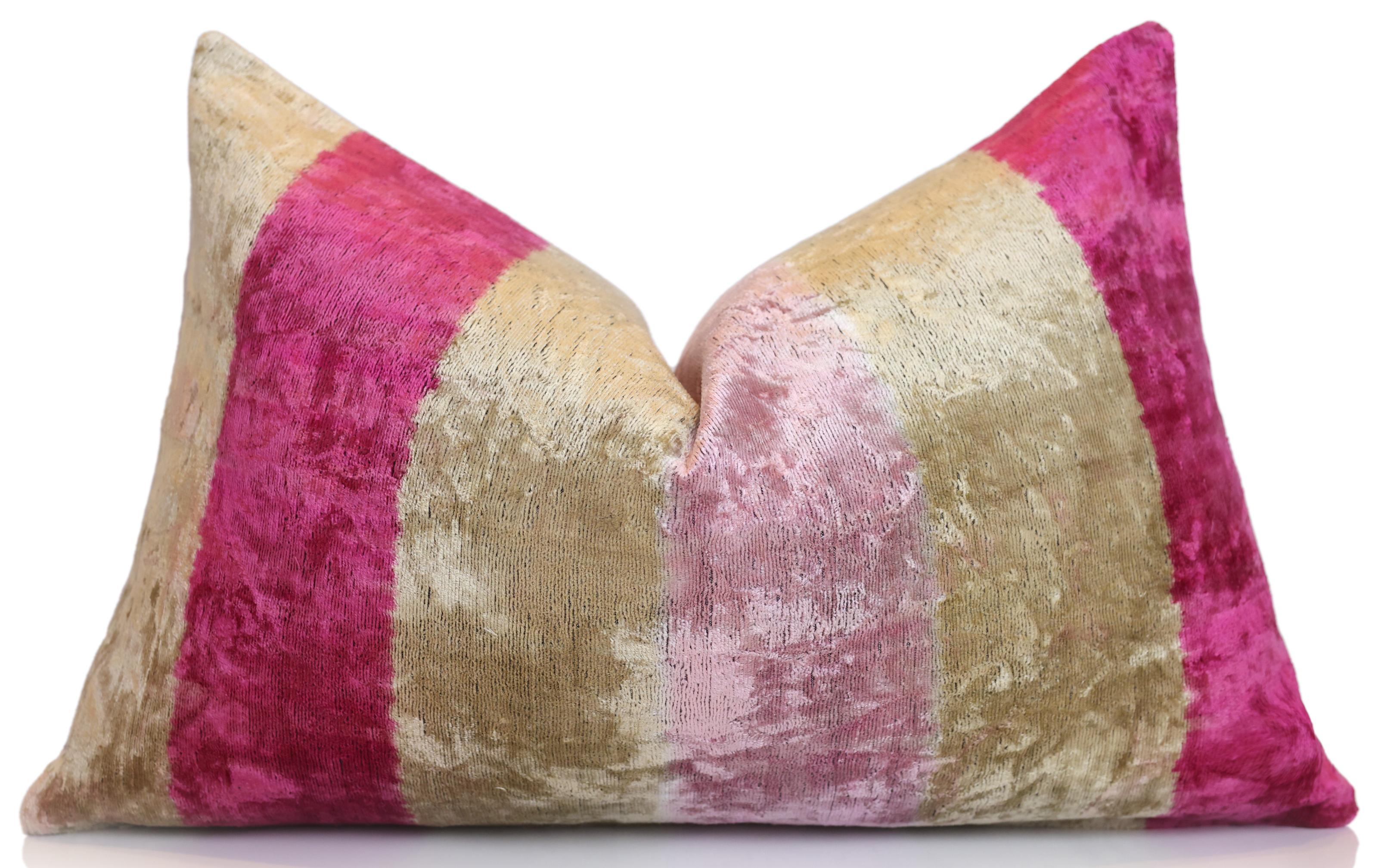 Pink Gold Striped Silk Velvet Lumbar Pillow – 16x24 Handmade Luxury Cushion
