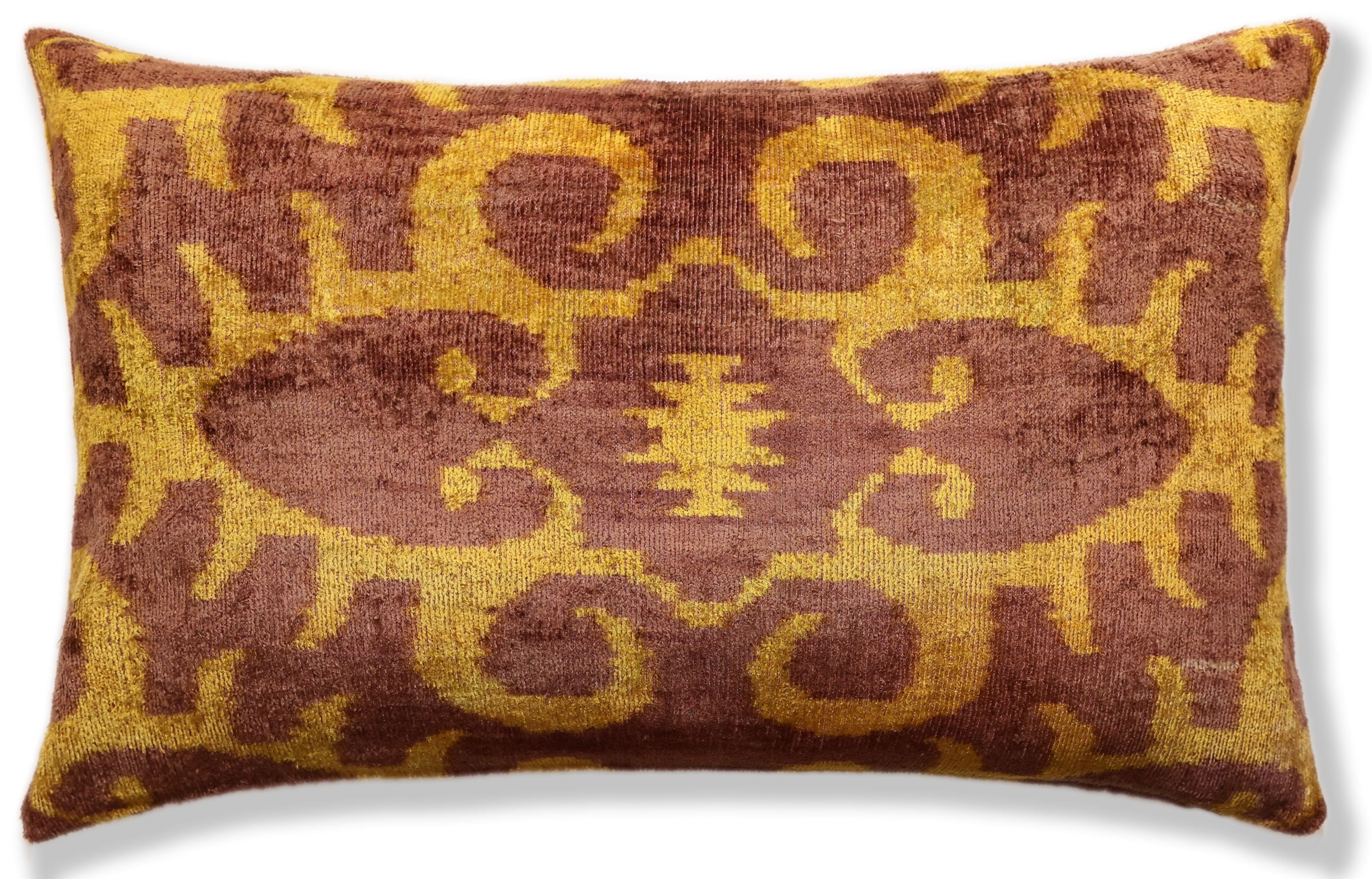 Hand-Knotted Ochre & Mahogany Ikat Lumbar Pillow - 16x24 Organic Dyed