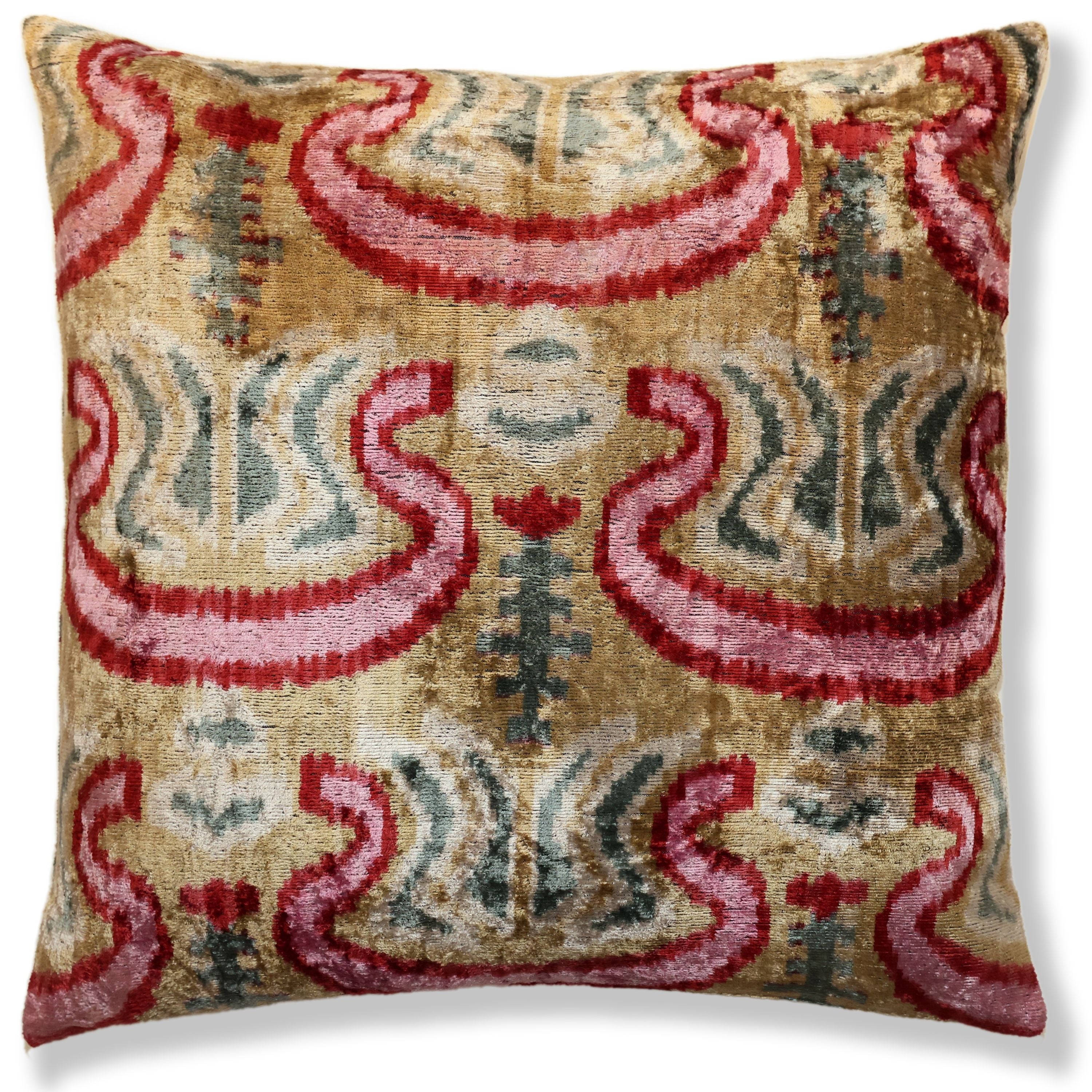 Hand-Knotted Scroll Ikat Silk Velvet Pillow - 20x20 Sand & Raspberry