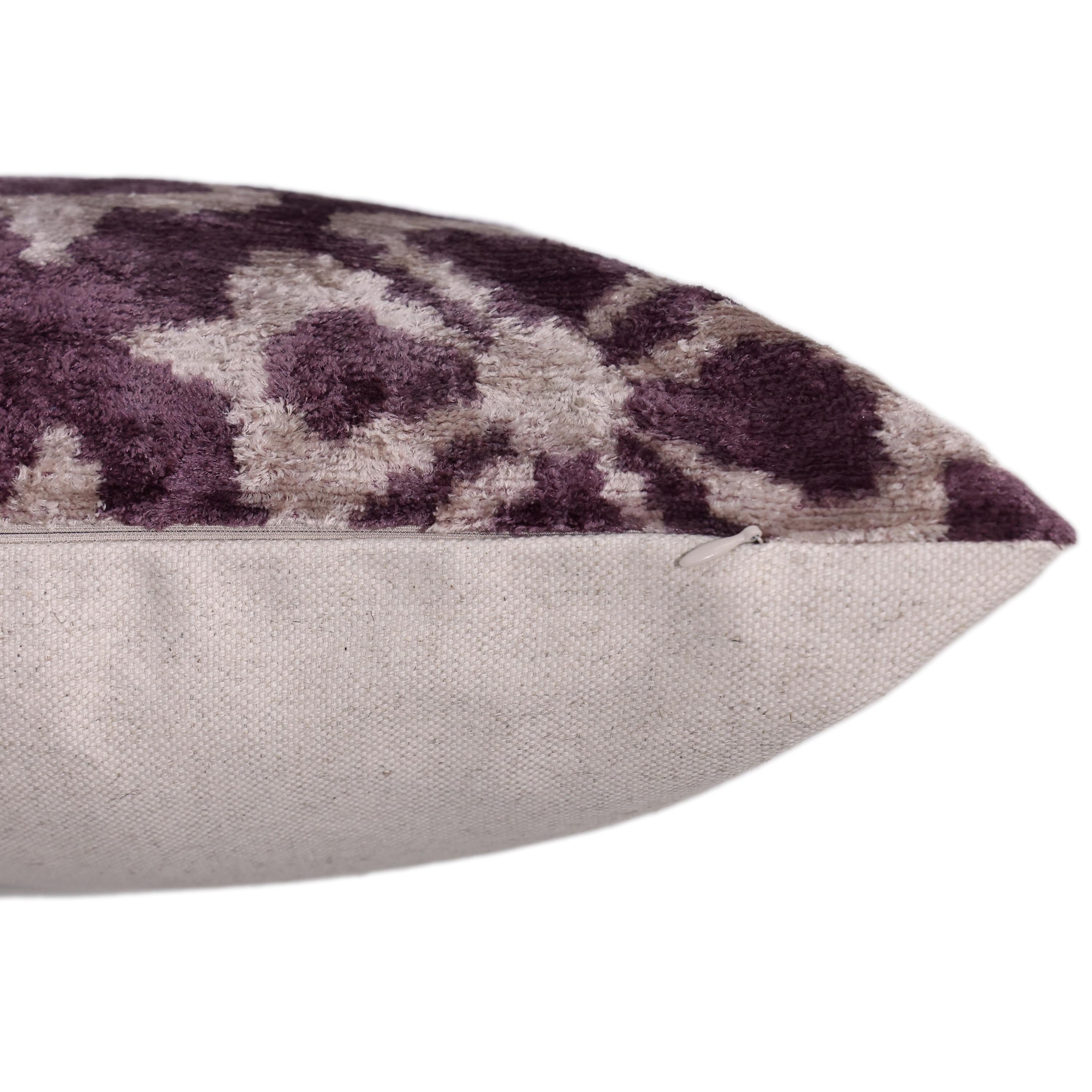 Hand-Knotted Plum Ikat Silk Velvet Pillow - 16x16 Organic Vegetable Dyed