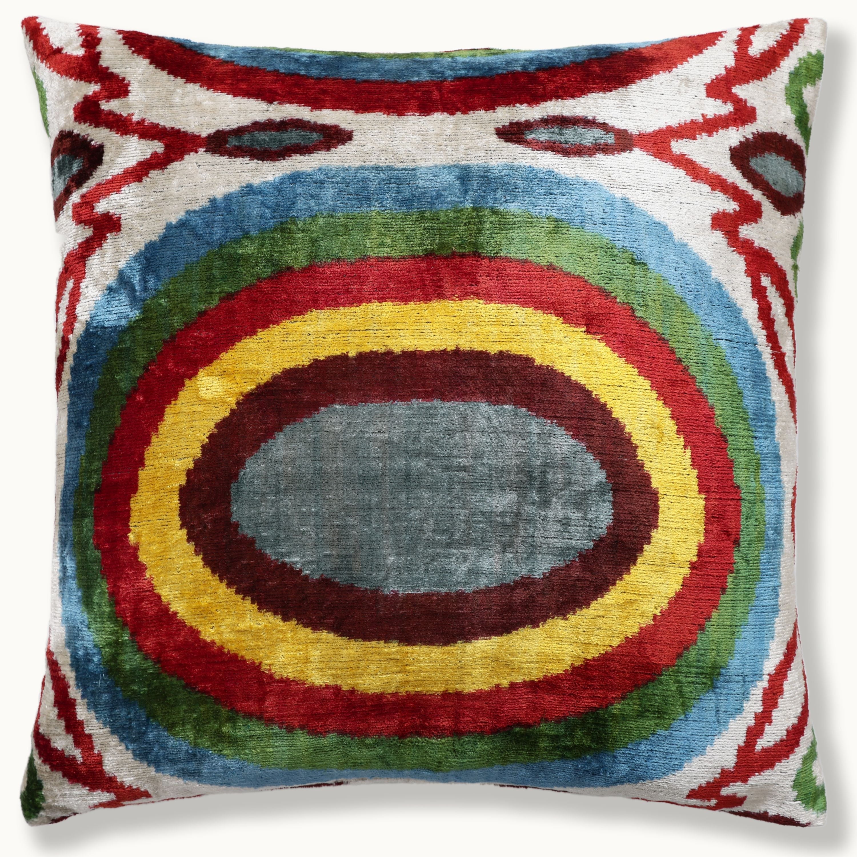 Handmade Silk Velvet Pillow 20x20 – Multicolor Ikat Circle Designer Cushion