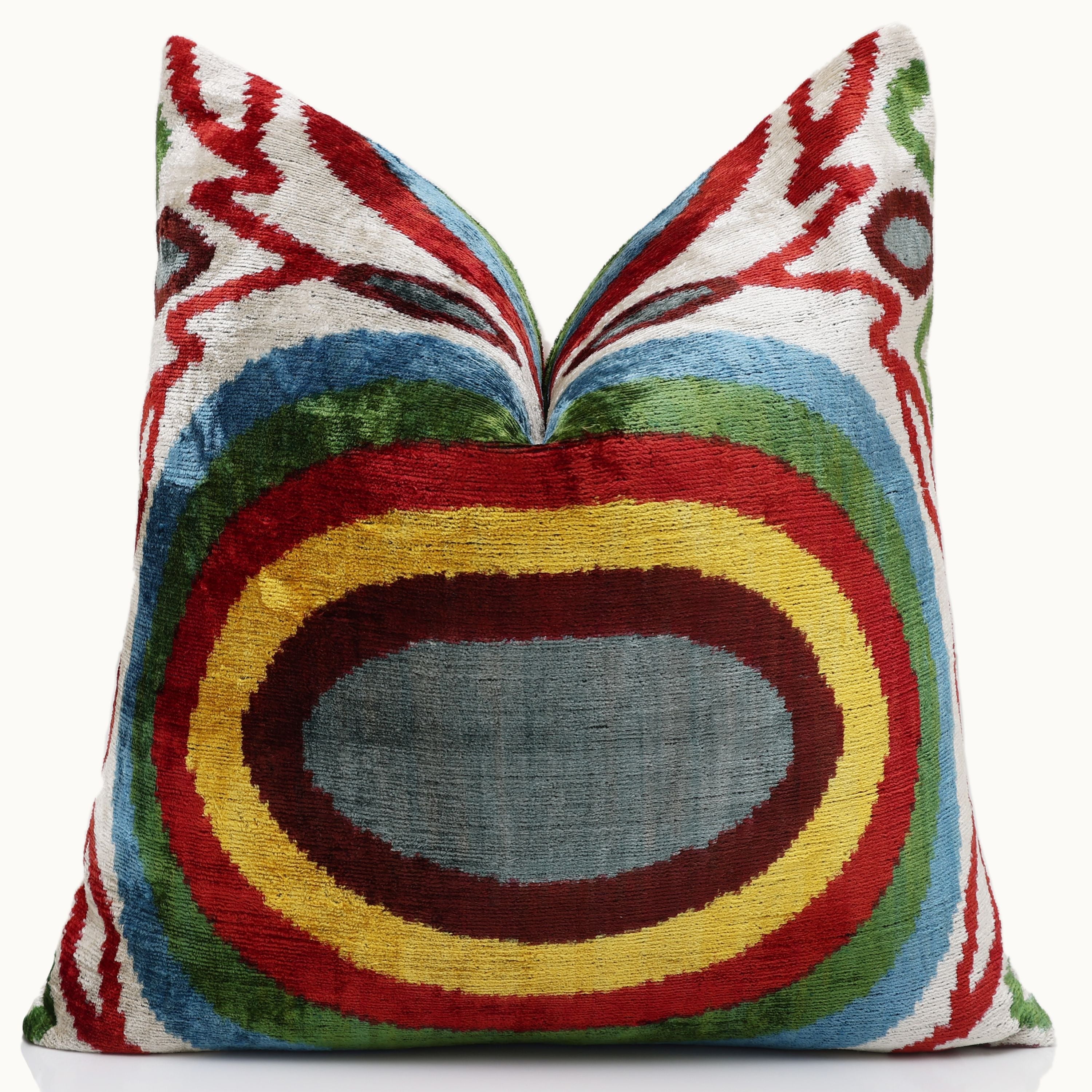 Handmade Silk Velvet Pillow 20x20 – Multicolor Ikat Circle Designer Cushion