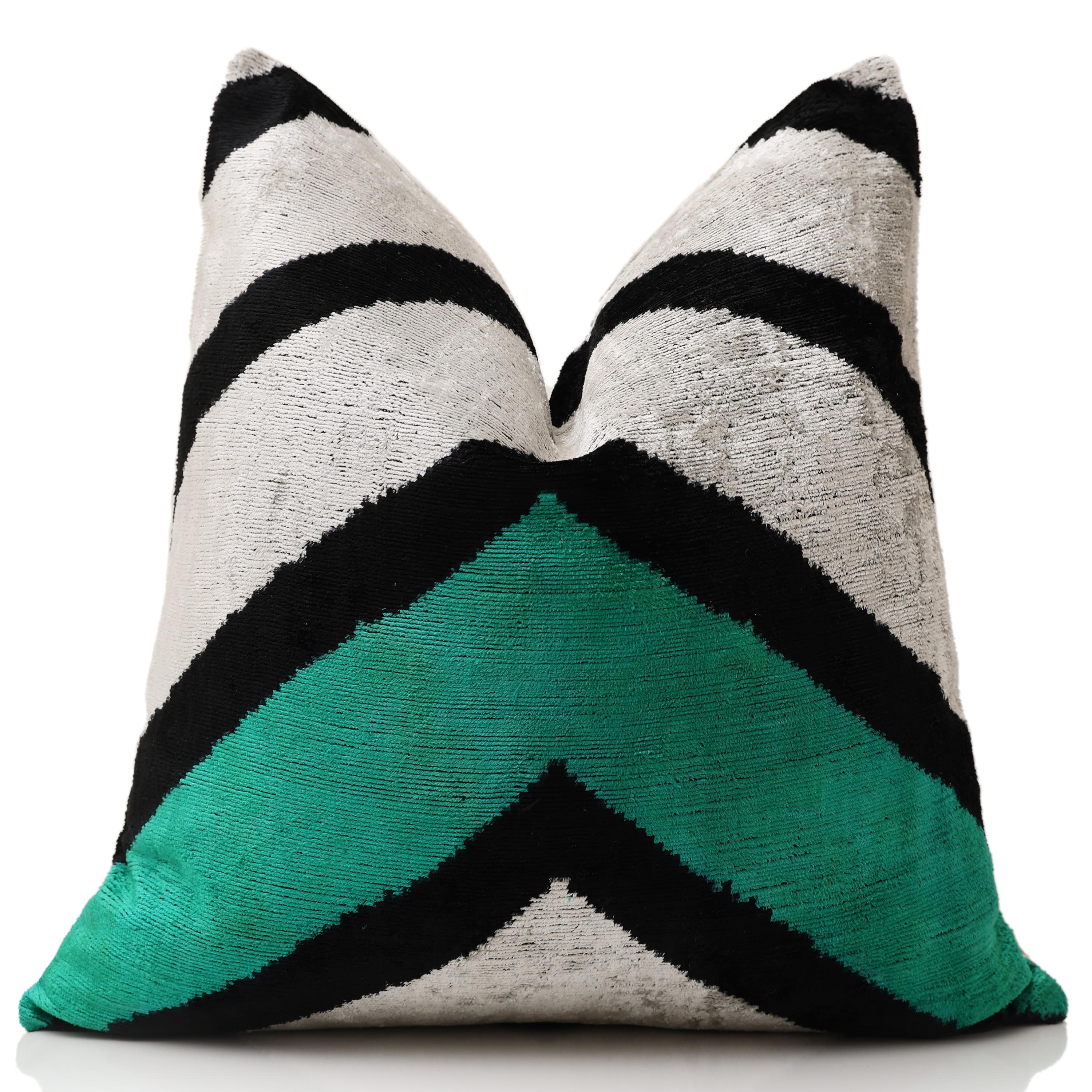 Green Chevron Silk Velvet Throw Pillow 20x20 | Handmade Organic Luxury