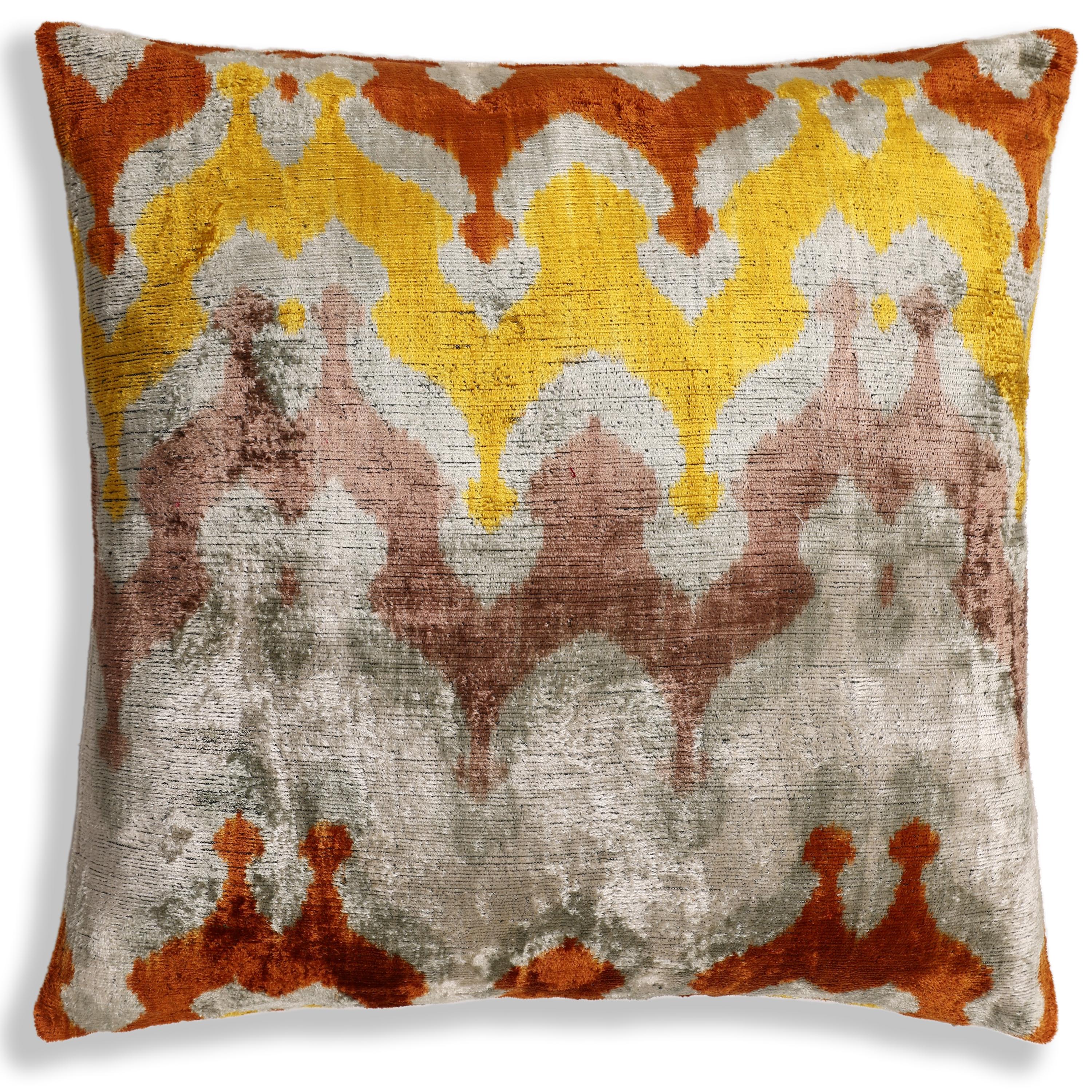 Luxury Handmade Silk Velvet Ikat Pillow 20x20 Inch Organic Vegetable Dyed