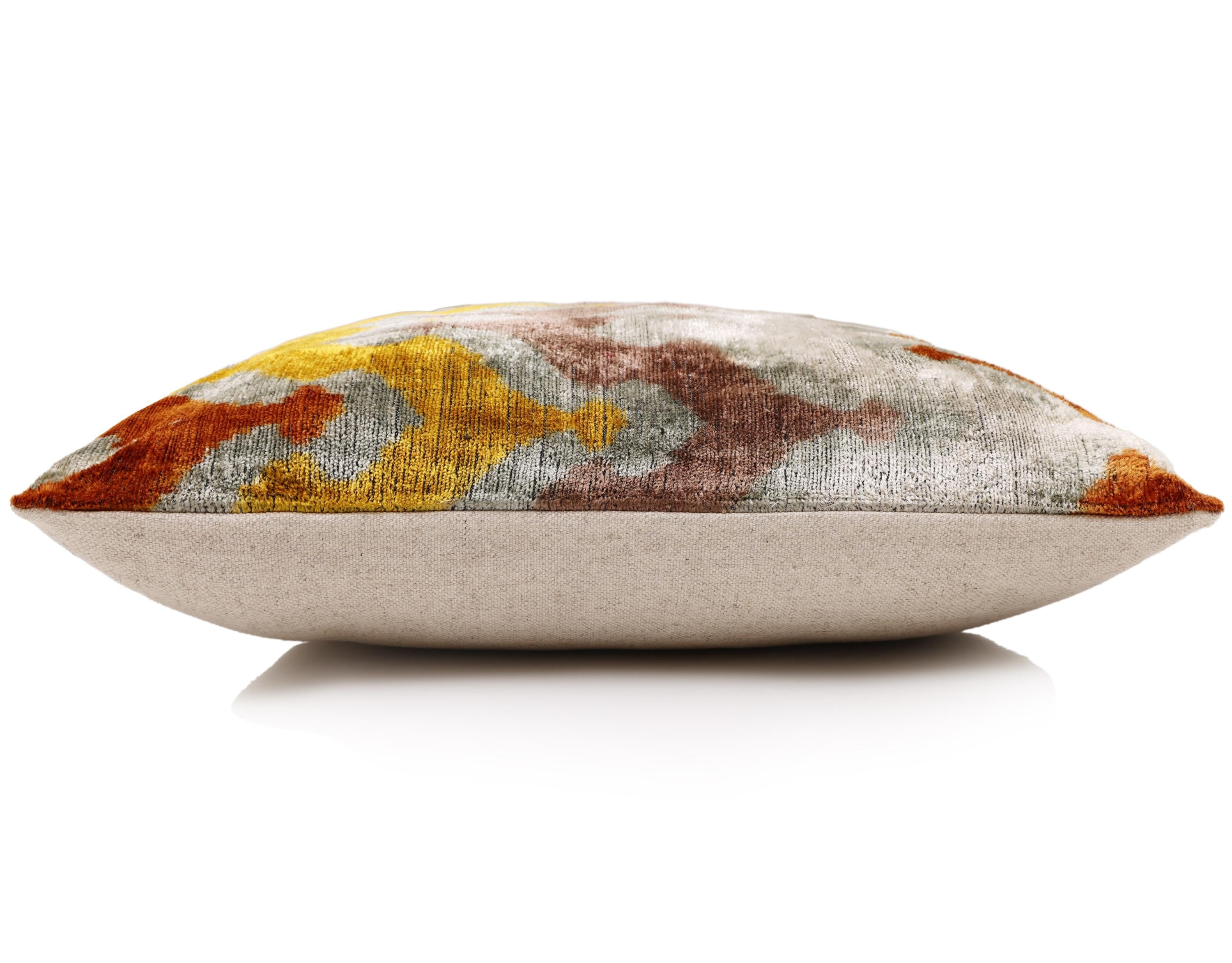 Luxury Handmade Silk Velvet Ikat Pillow 20x20 Inch Organic Vegetable Dyed