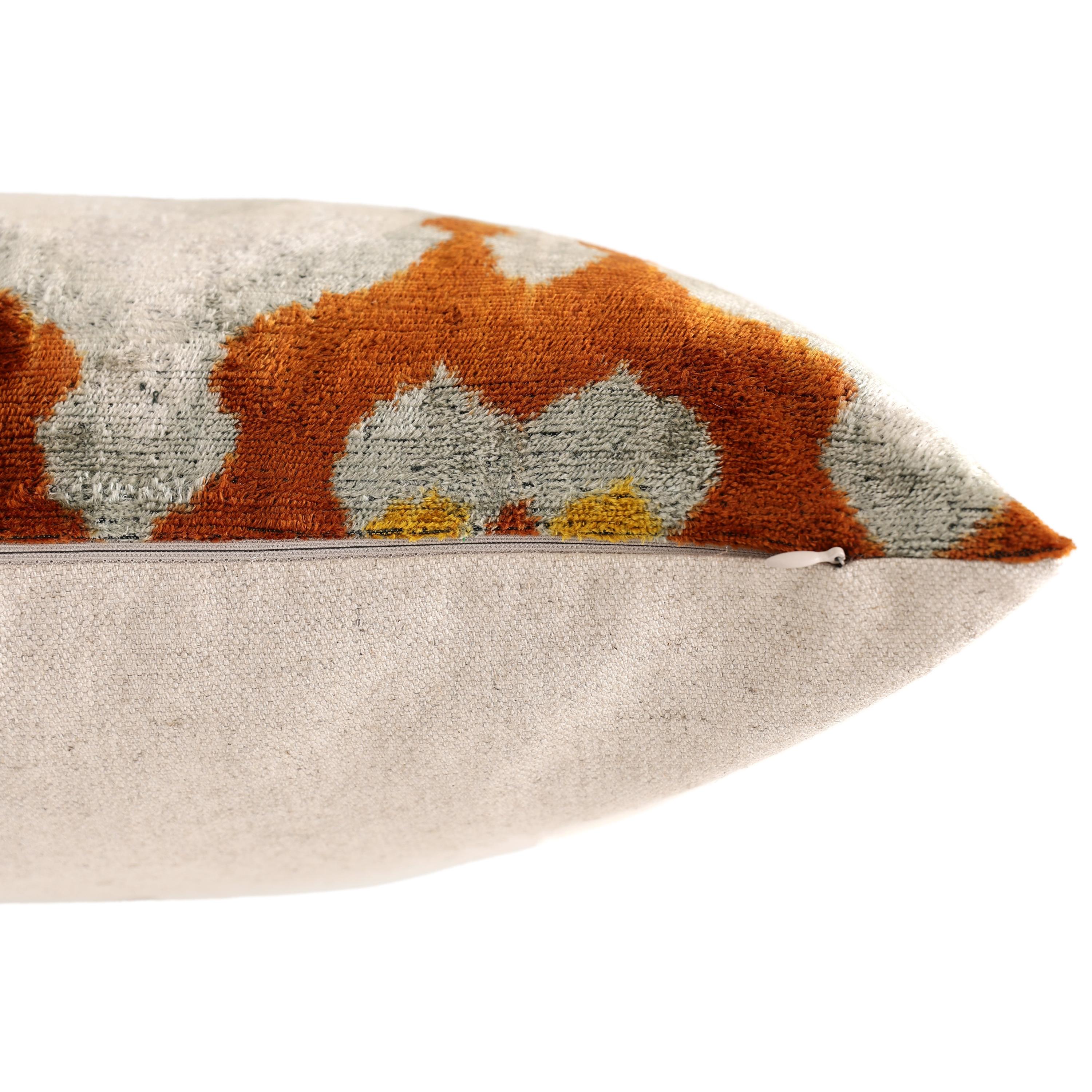 Luxury Handmade Silk Velvet Ikat Pillow 20x20 Inch Organic Vegetable Dyed