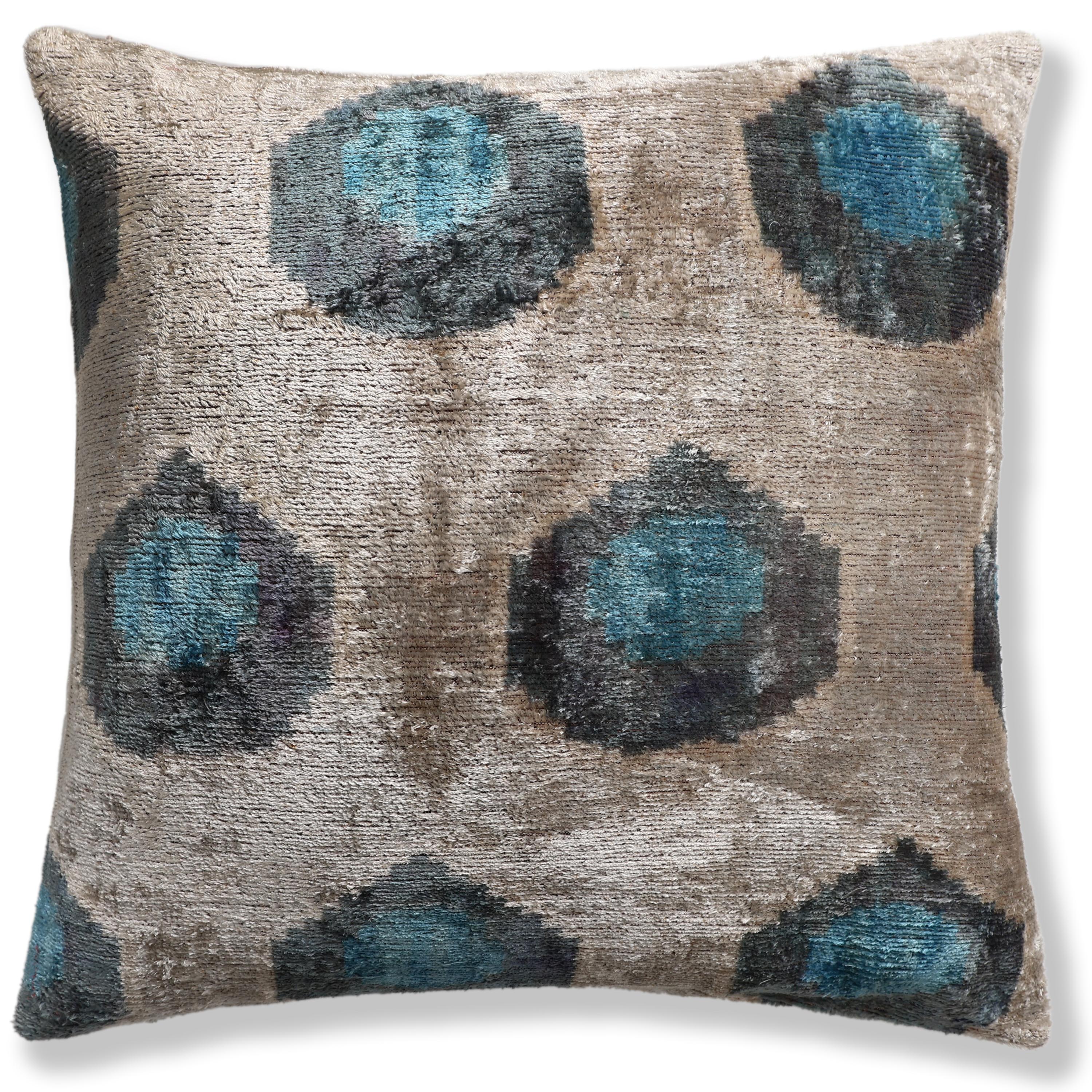 Handwoven Organic Silk Velvet Throw Pillow 20x20 – Neutral Taupe with Teal Ikat Motif
