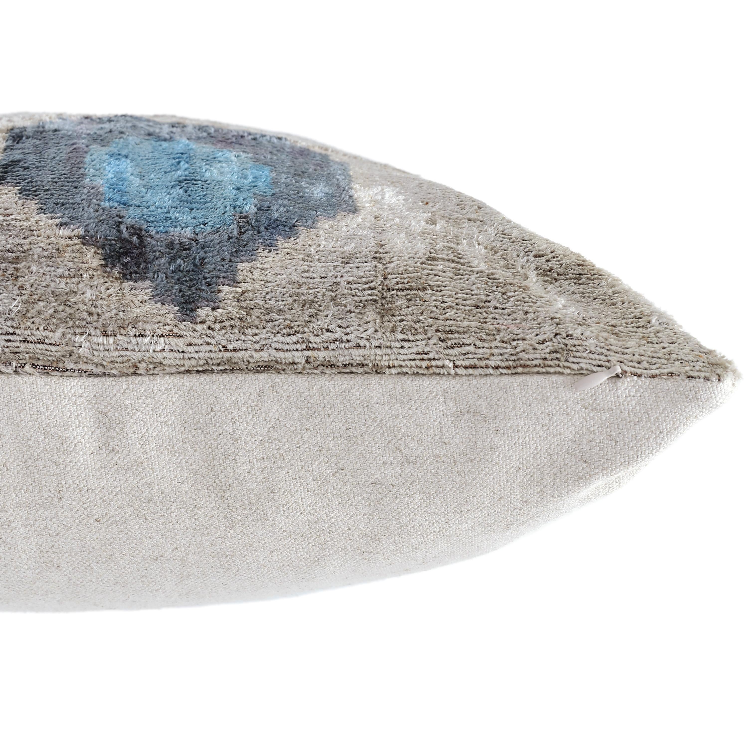 Handwoven Organic Silk Velvet Throw Pillow 20x20 – Neutral Taupe with Teal Ikat Motif