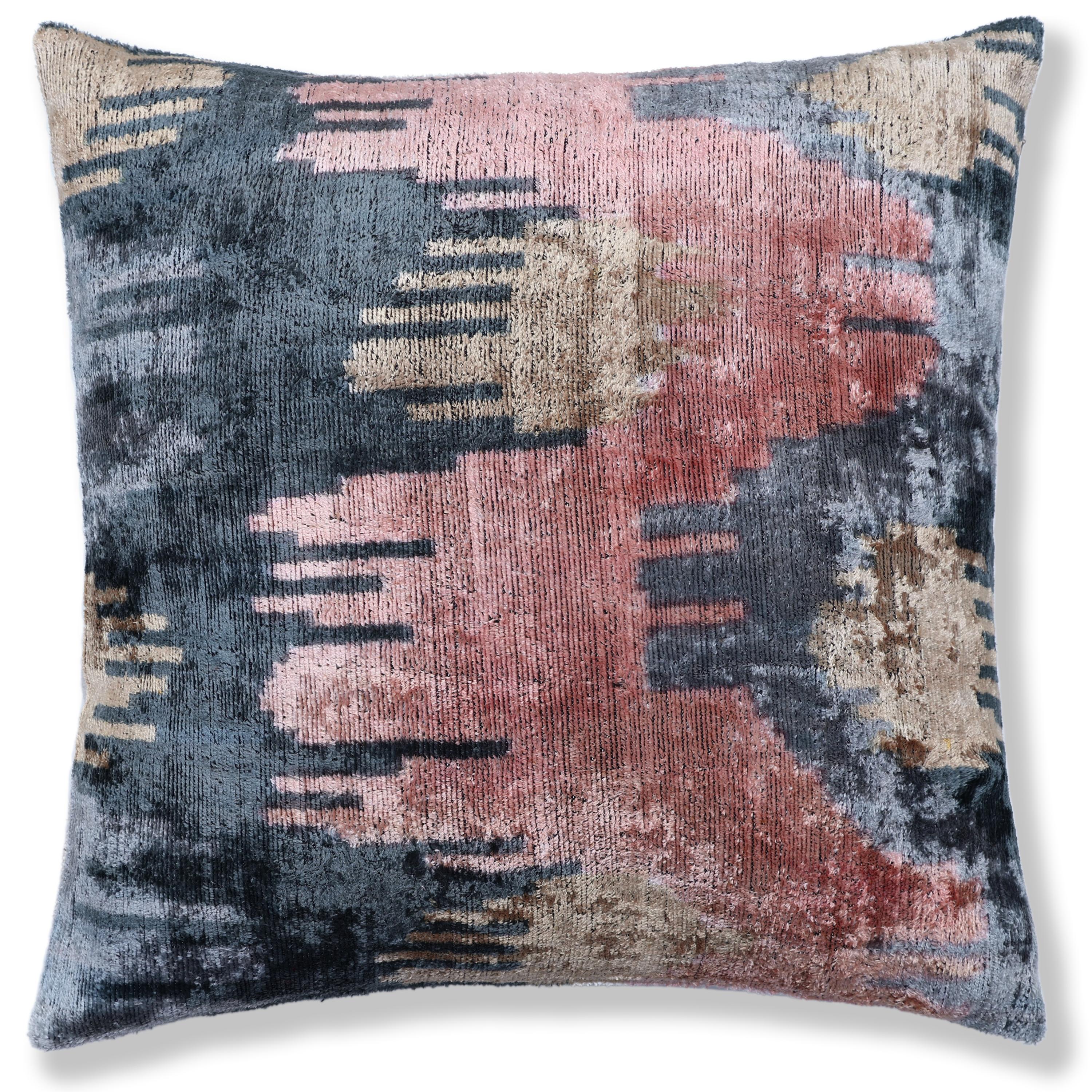 The Designer's Choice: Slate Blue & Dusty Rose Ikat Velvet Pillow 20x20 in