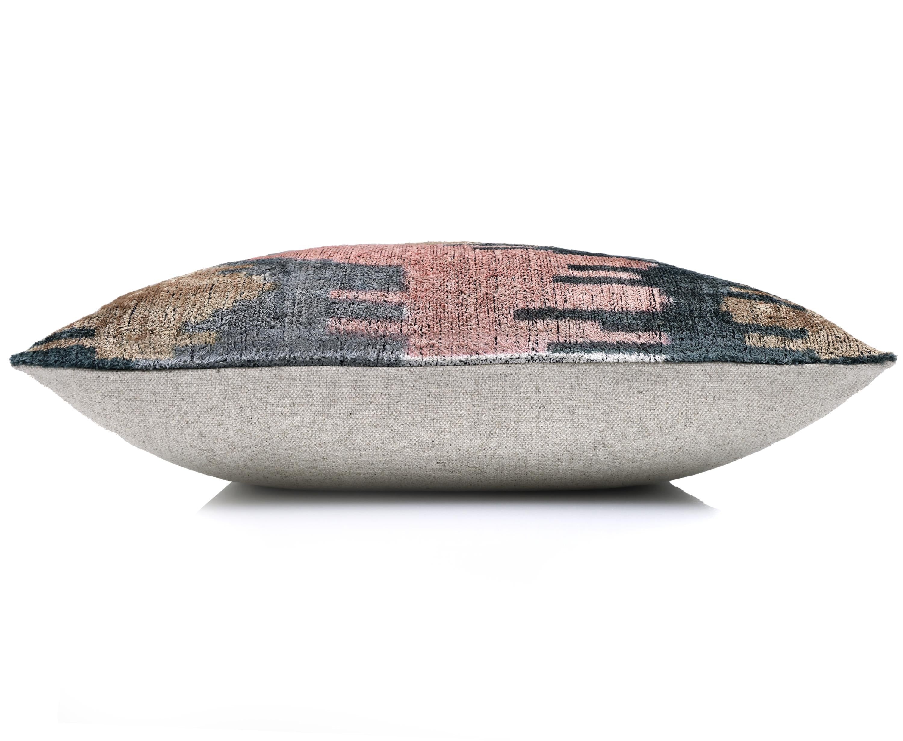 The Designer's Choice: Slate Blue & Dusty Rose Ikat Velvet Pillow 20x20 in