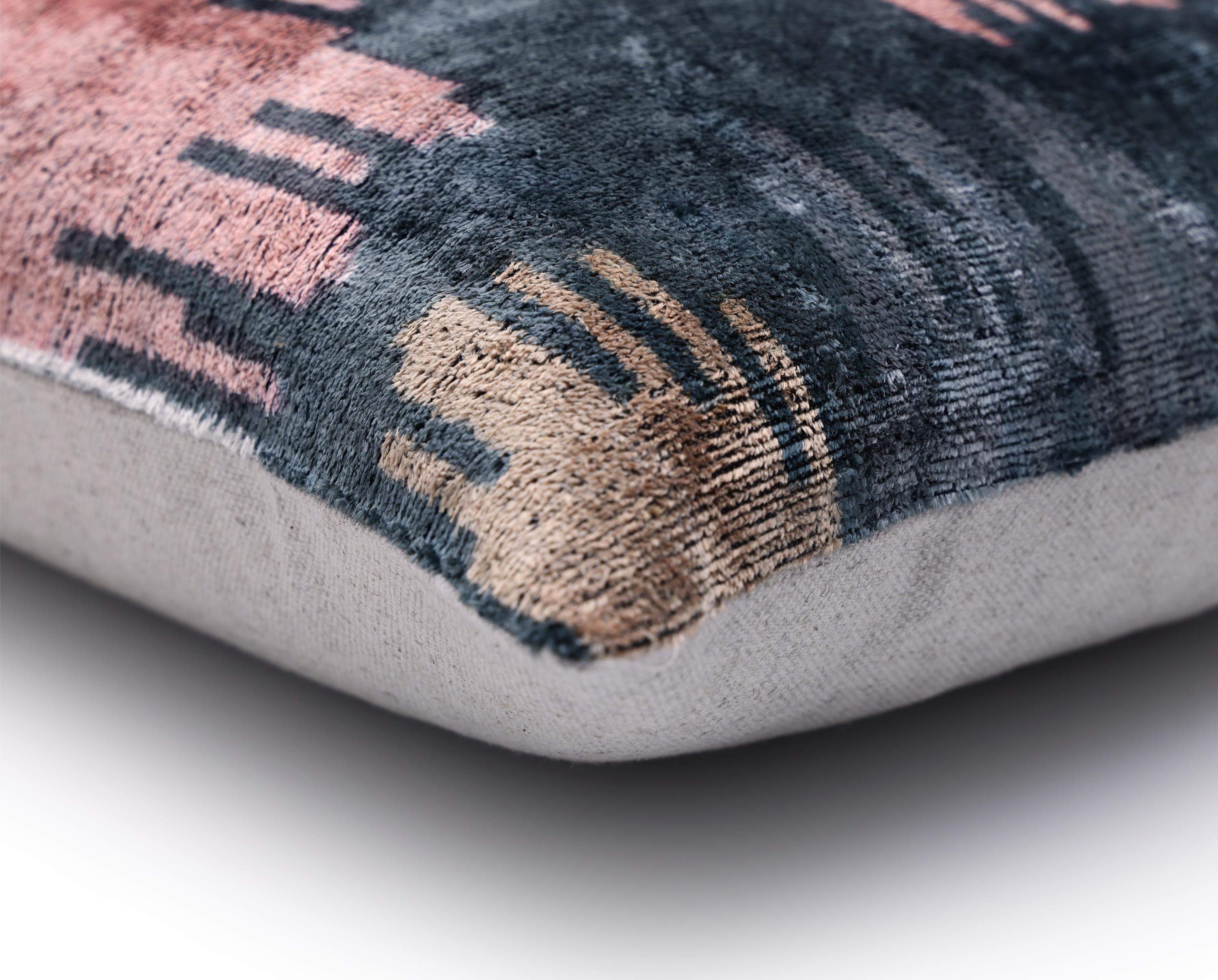 The Designer's Choice: Slate Blue & Dusty Rose Ikat Velvet Pillow 20x20 in