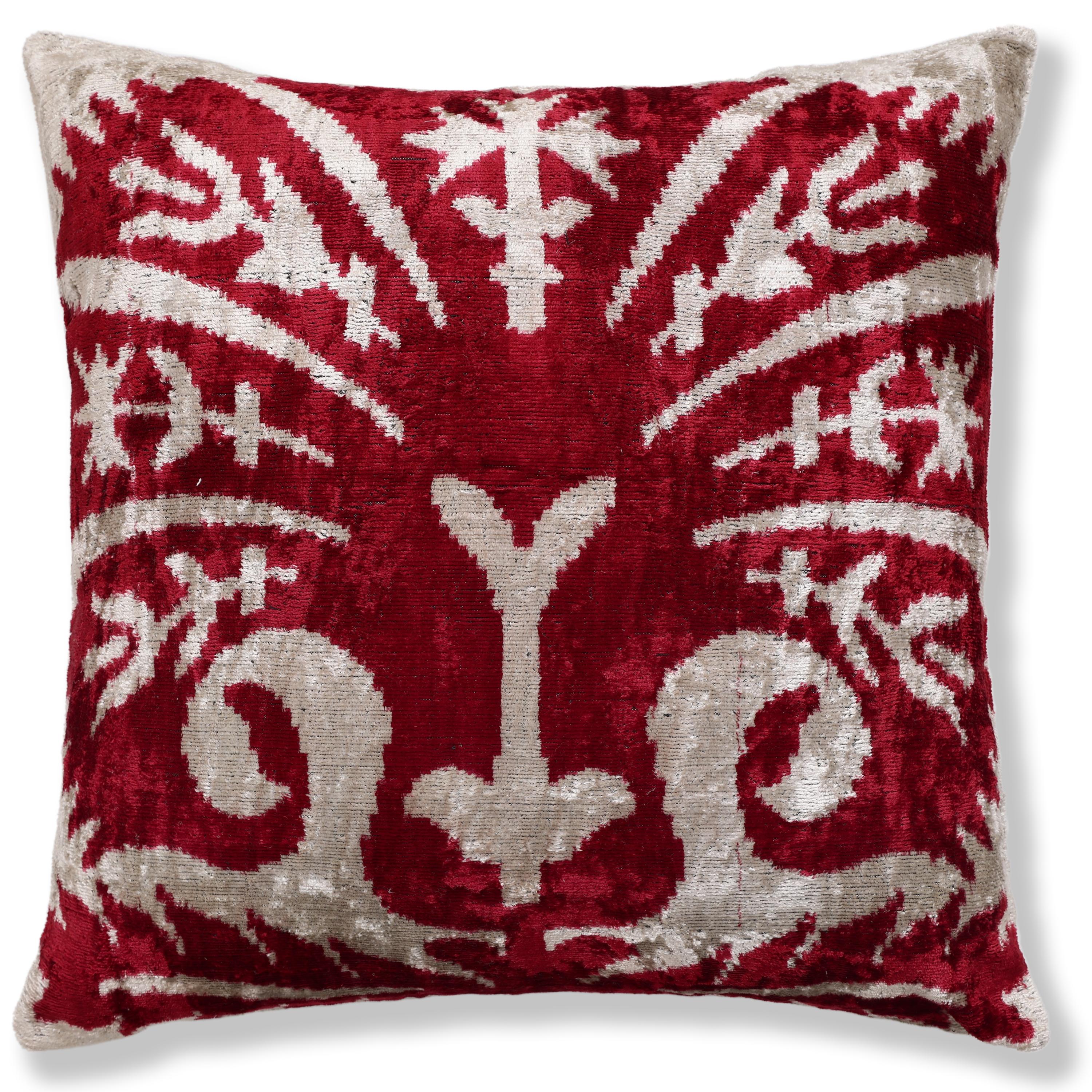 Luxury Handwoven Dark Red Silk Velvet Ikat Pillow 20x20 Inch