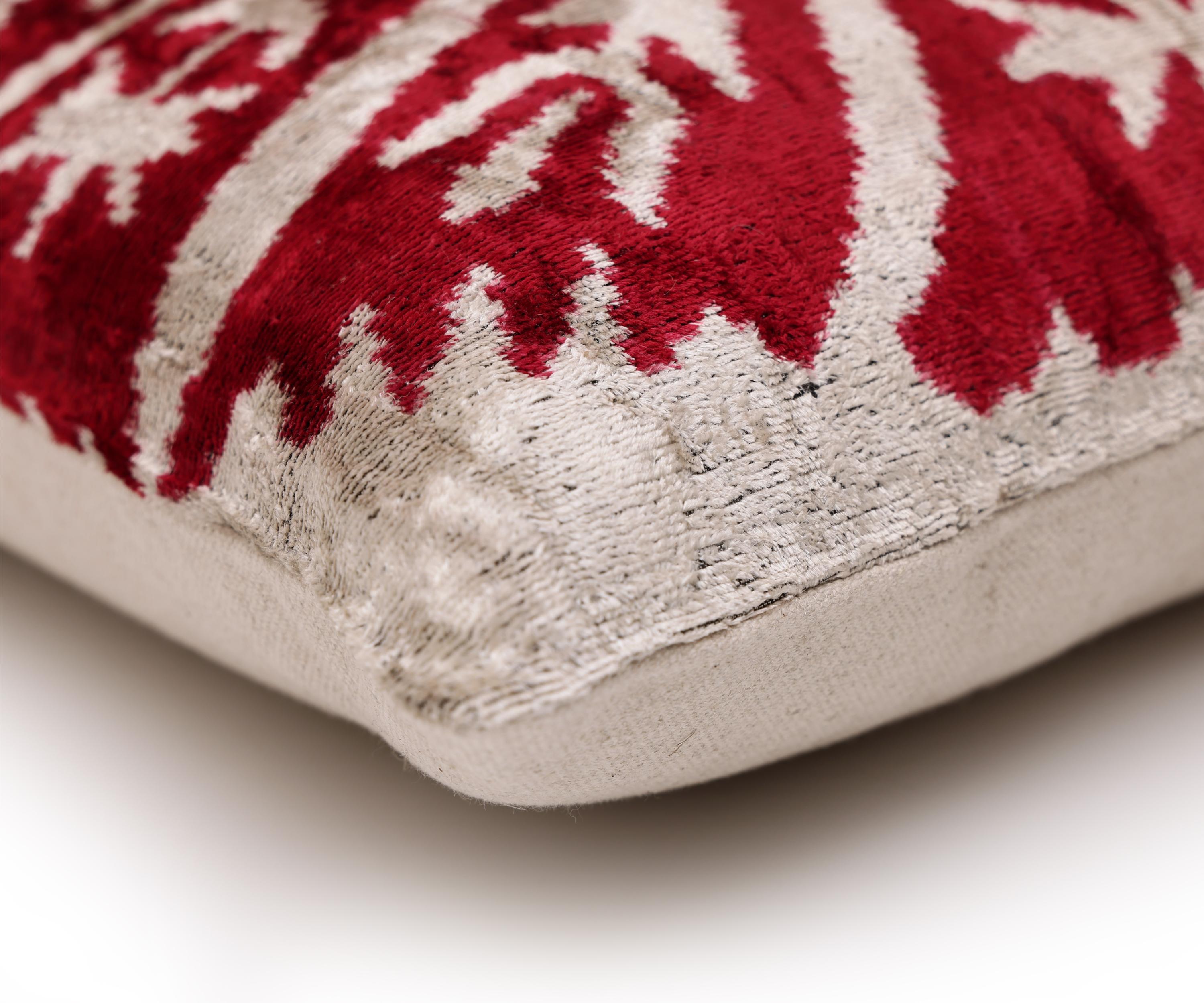 Luxury Handwoven Dark Red Silk Velvet Ikat Pillow 20x20 Inch