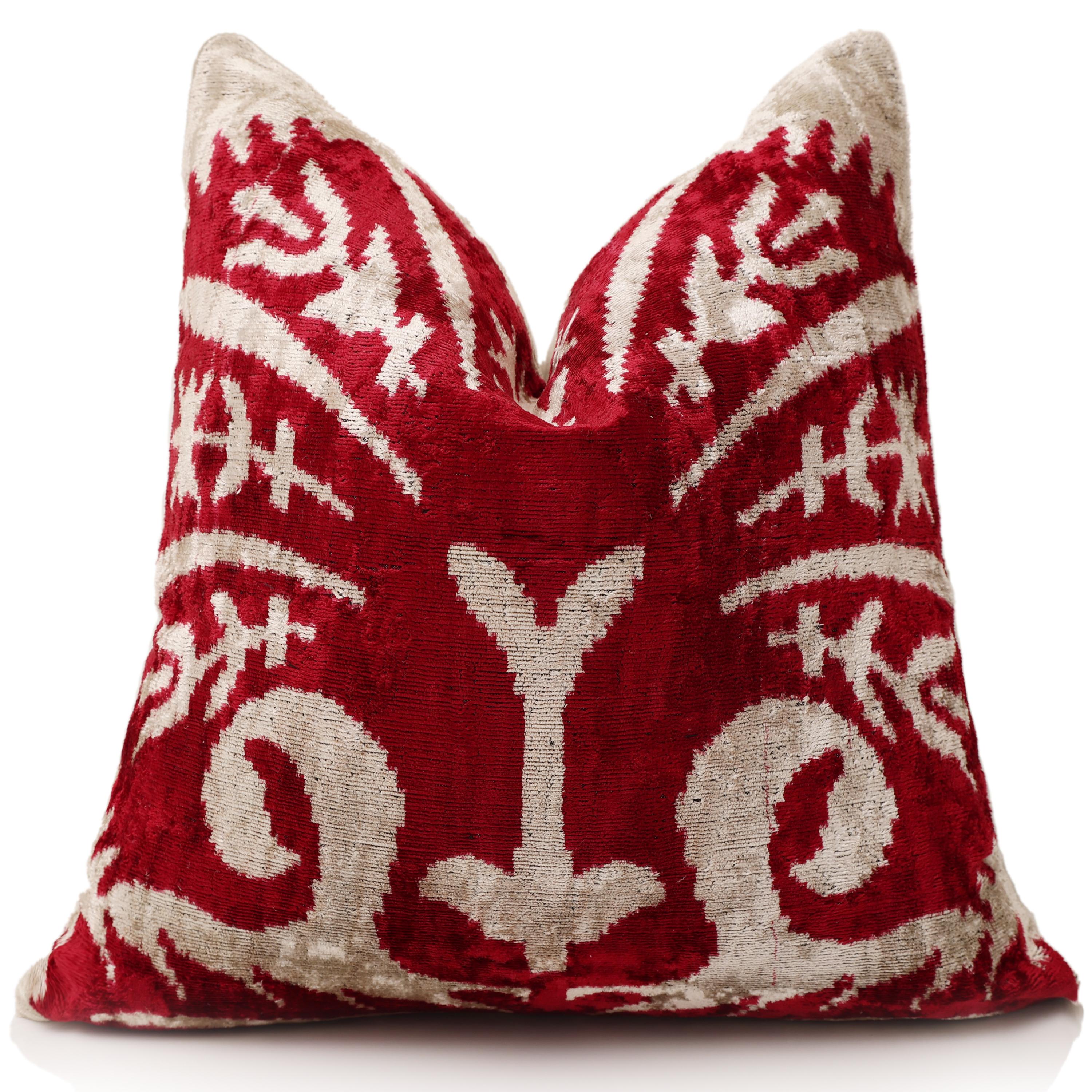 Luxury Handwoven Dark Red Silk Velvet Ikat Pillow 20x20 Inch